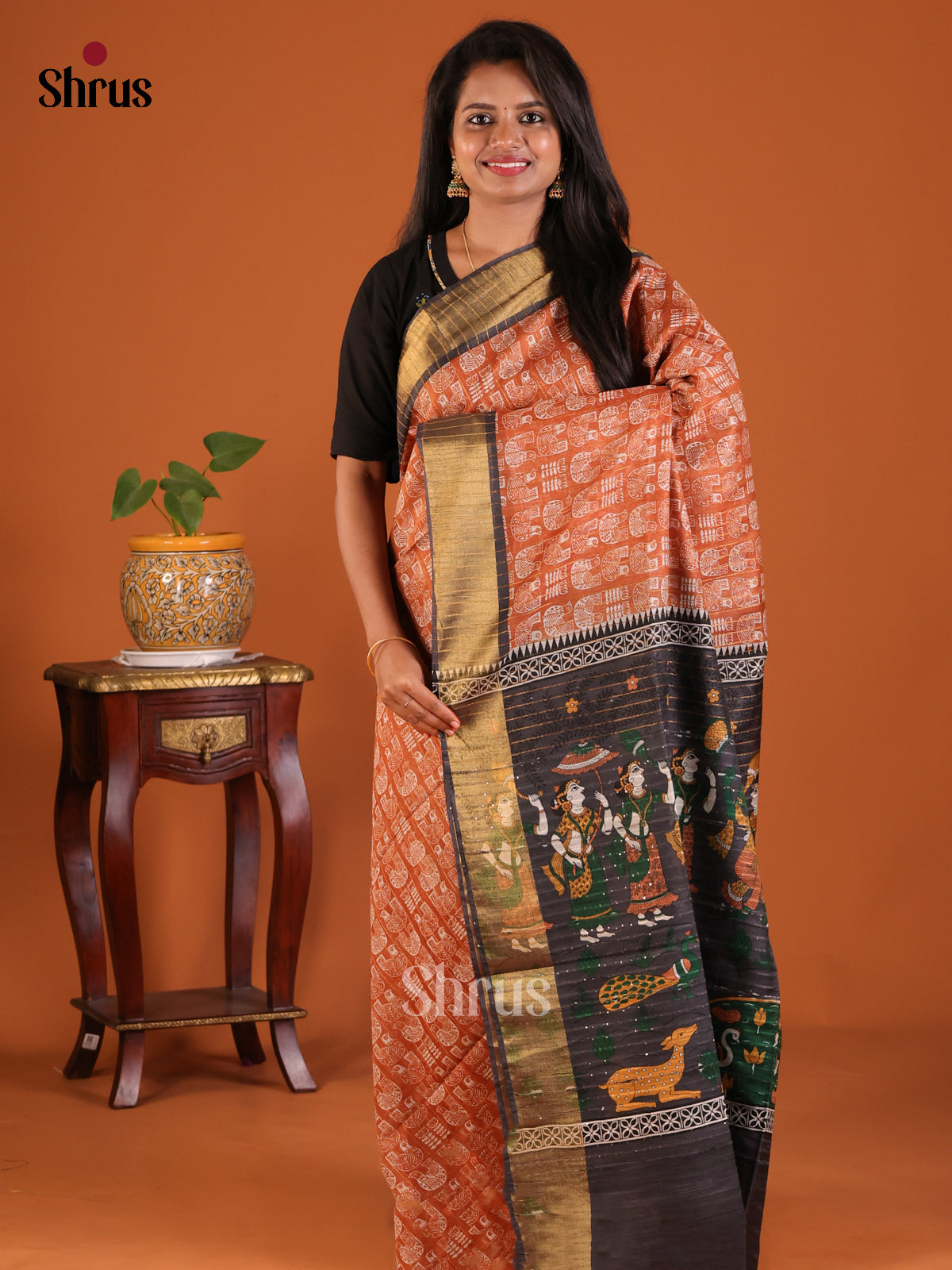 Brick with Black- Printed Tussar Saree - Shop on Shrus.com