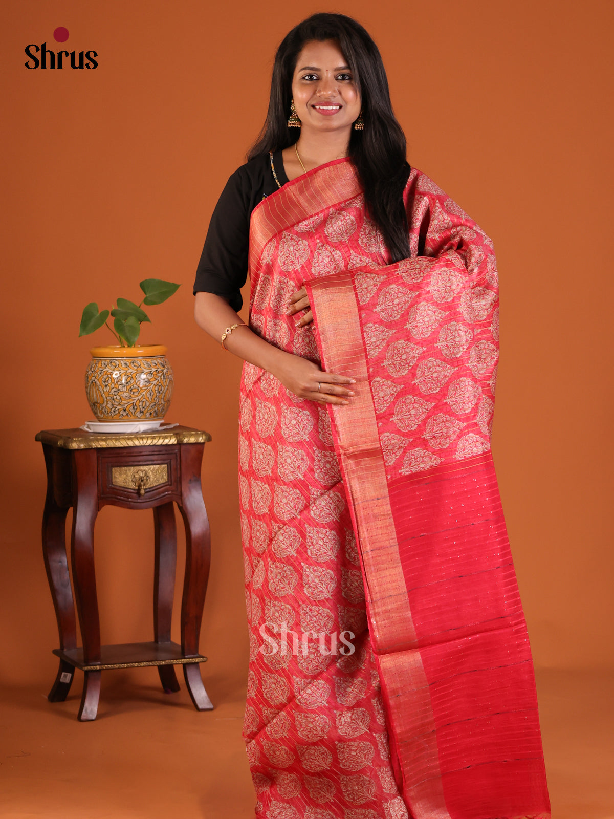 Red - Printed Tussar Saree - Shop on Shrus.com