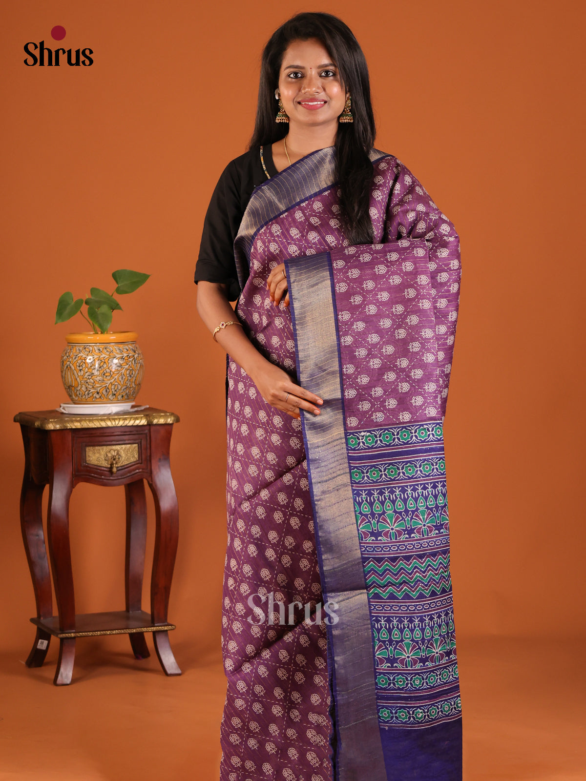 Purple with Blue - Printed Tussar Saree - Shop on Shrus.com