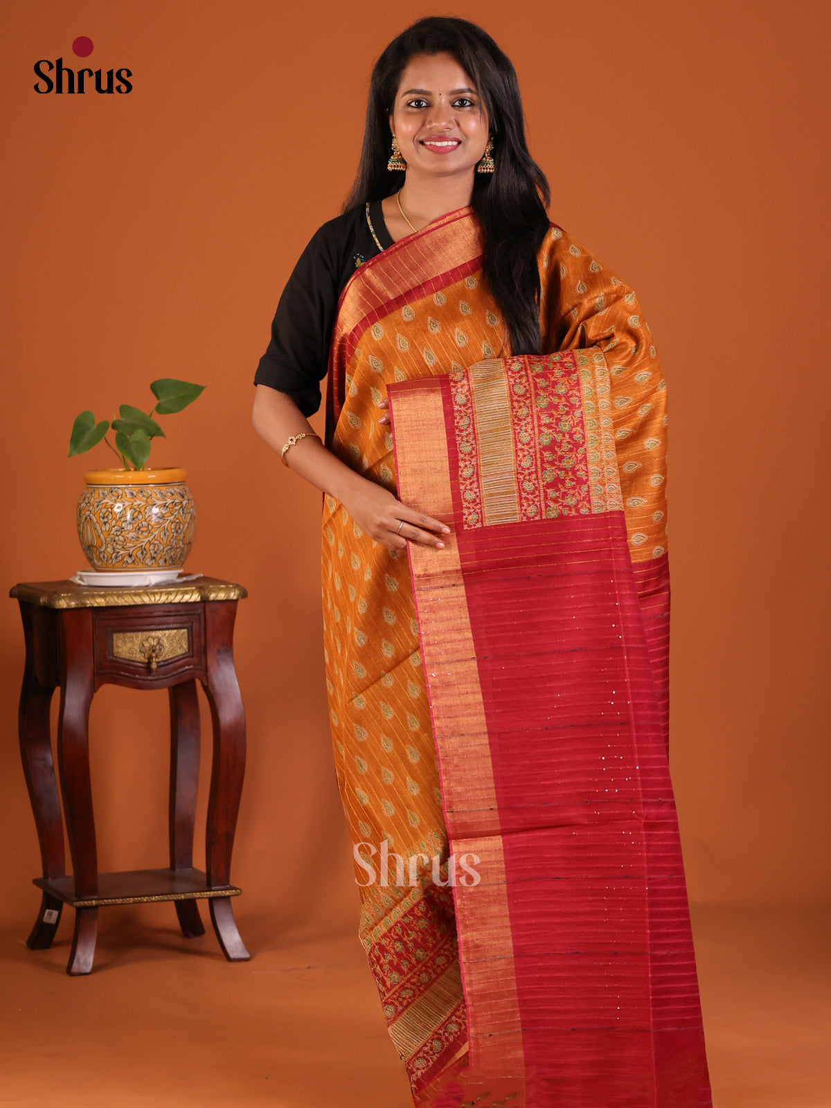 Mustard with Red - Printed Tussar Saree - Shop on Shrus.com