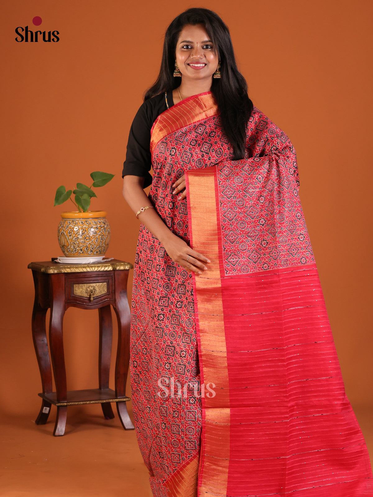 Red - Printed Tussar Saree - Shop on Shrus.com