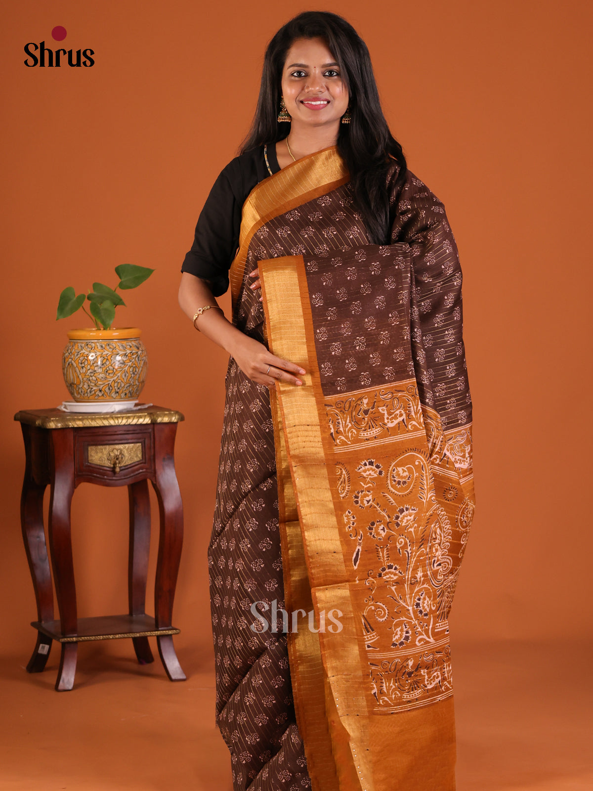 Brown with Mustard - Printed Tussar Saree - Shop on Shrus.com