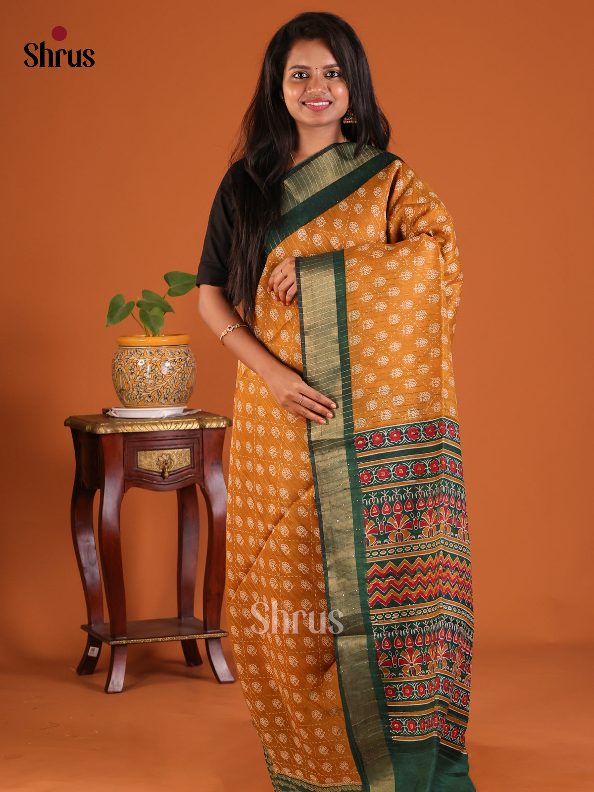 Orange with Green - Printed Tussar Saree - Shop on Shrus.com