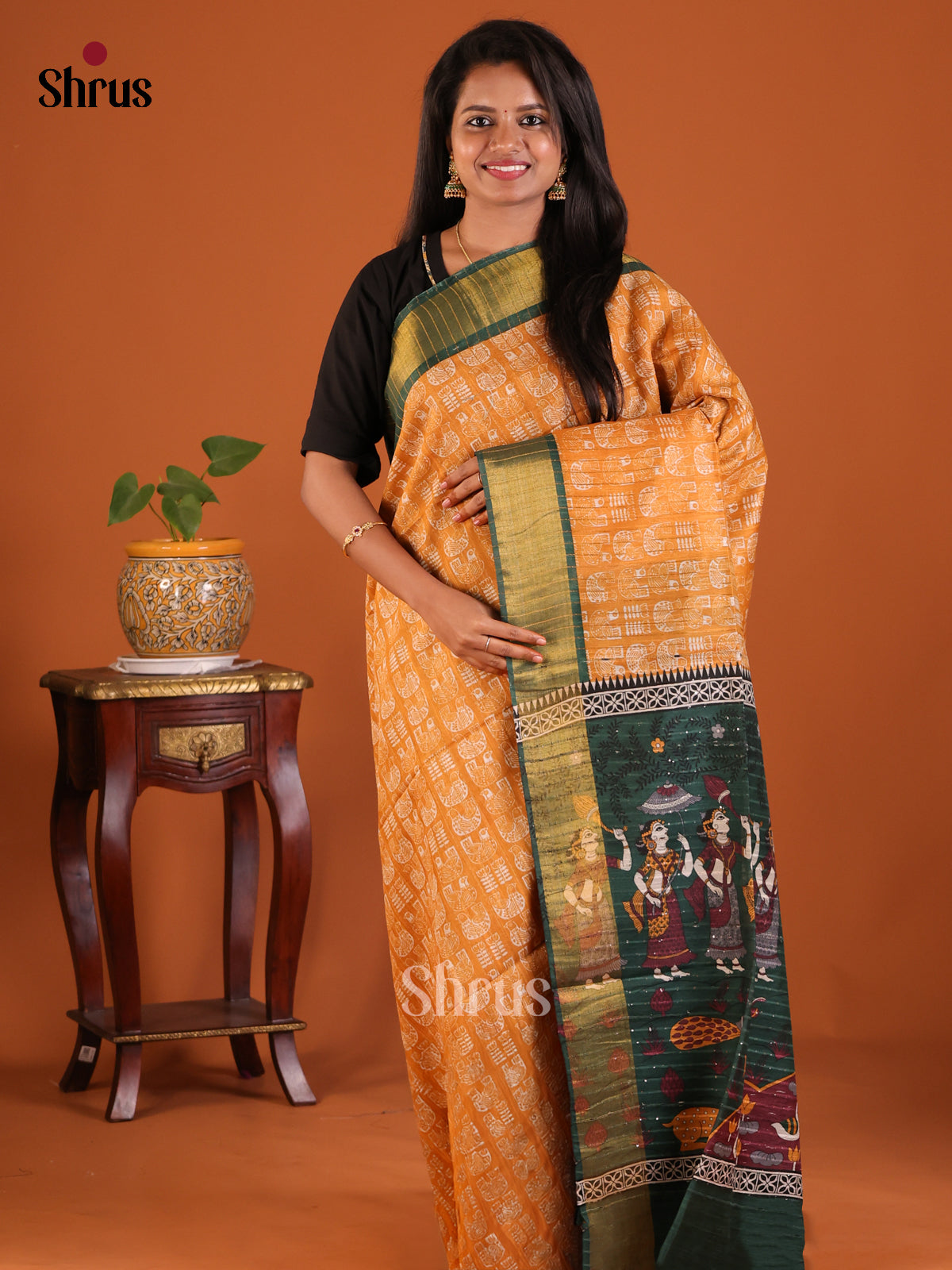 Orange with Green - Printed Tussar Saree - Shop on Shrus.com