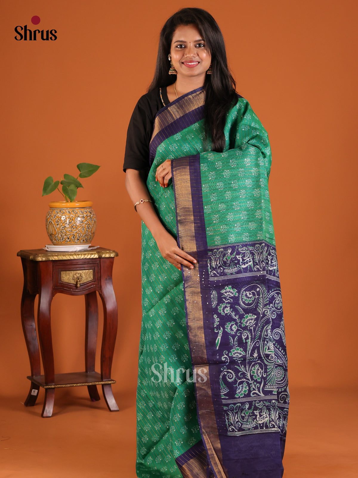 Green with Blue- Printed Tussar Saree - Shop on Shrus.com