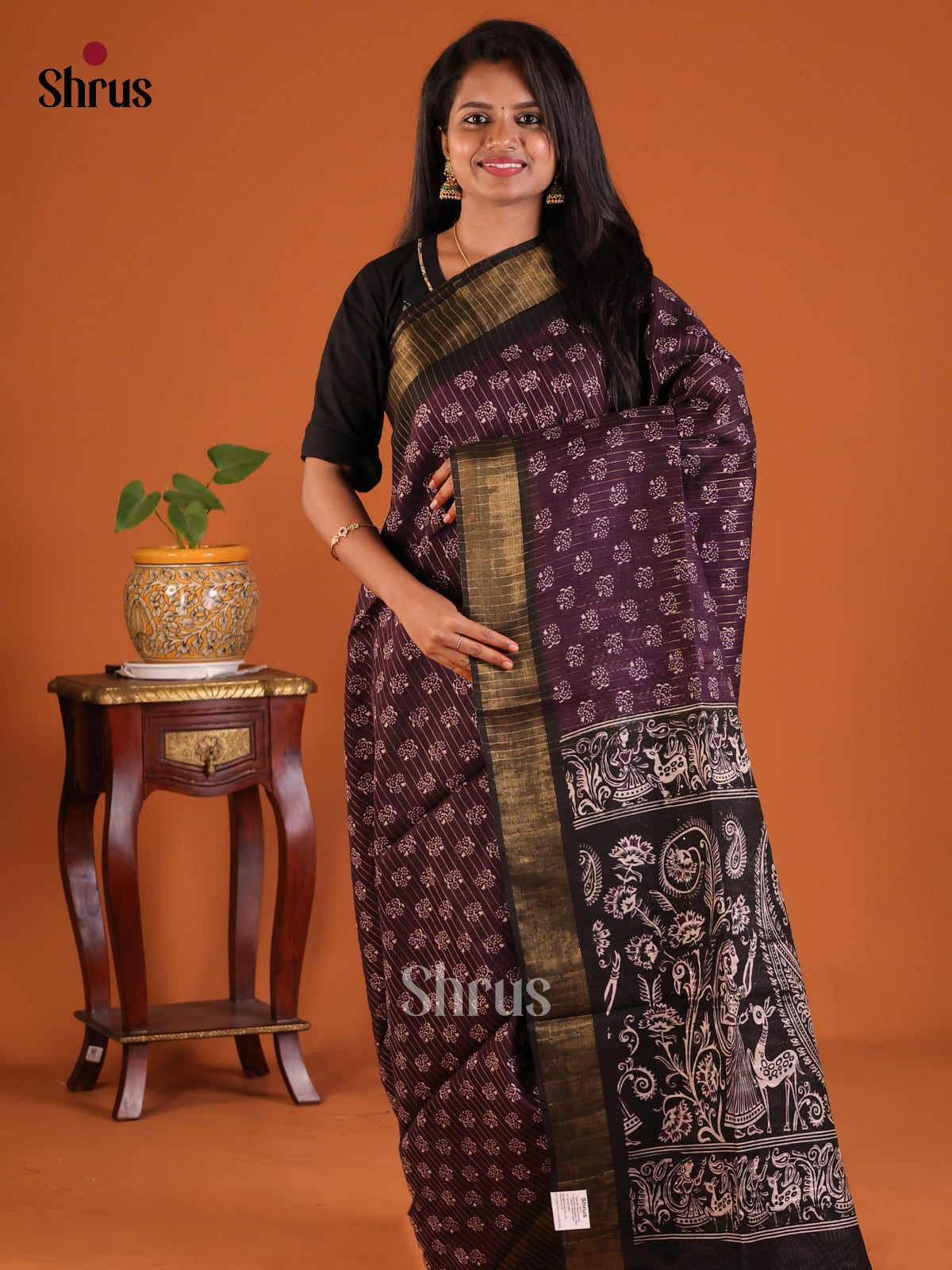 Jamun with Black - Printed Tussar Saree - Shop on Shrus.com