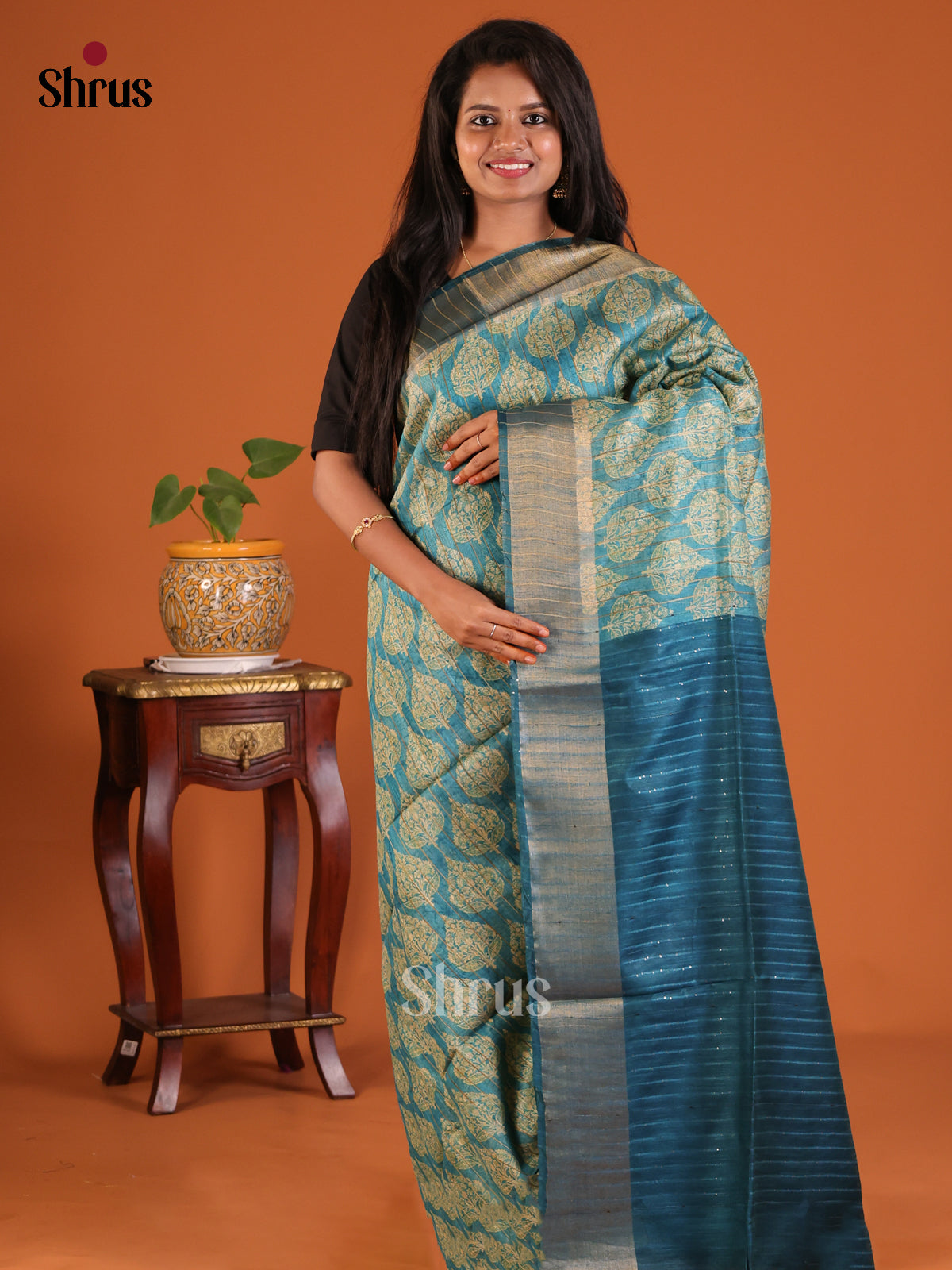 Teal with Blue - Printed Tussar Saree - Shop on Shrus.com