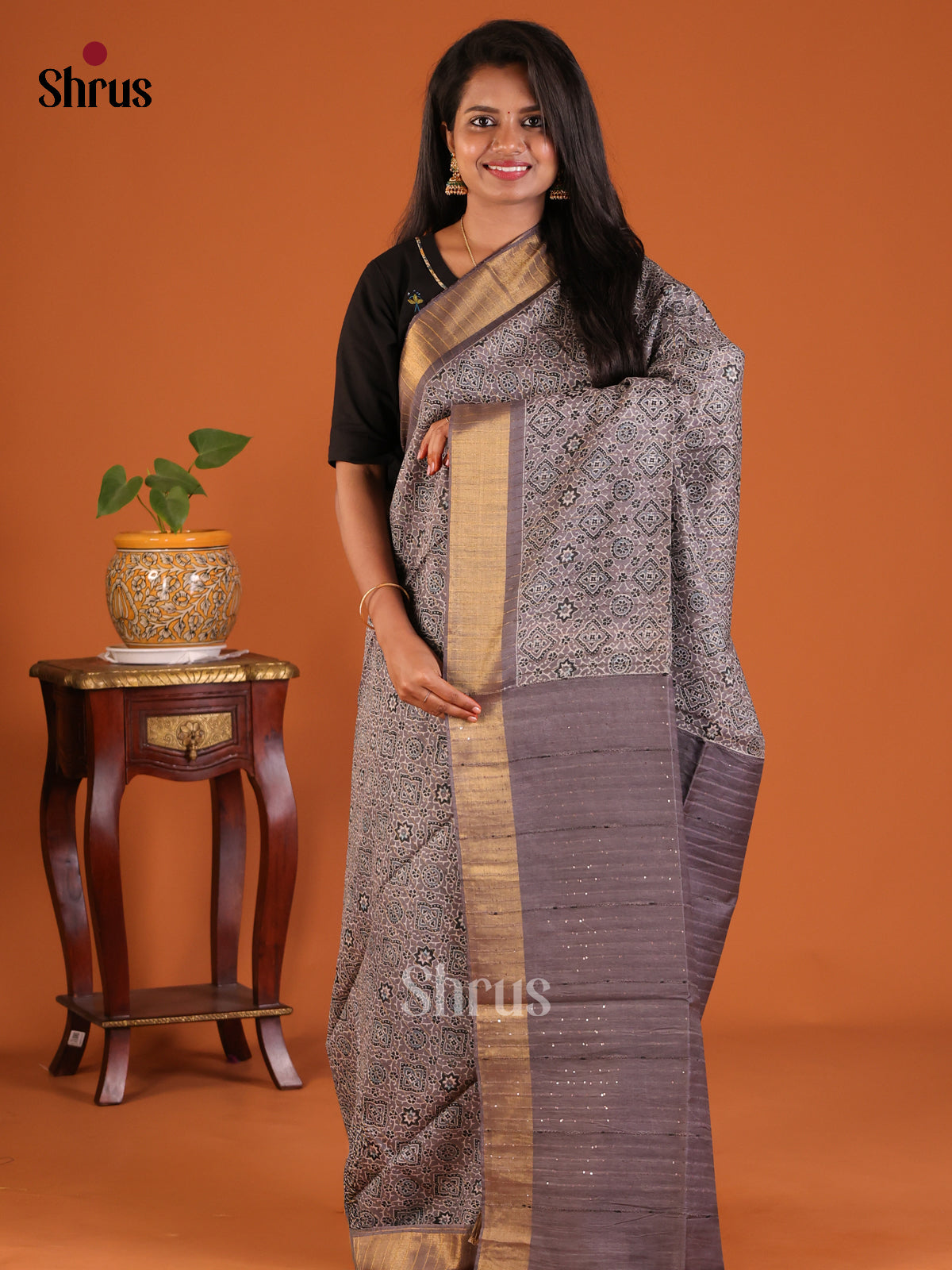 Grey - Printed Tussar Saree - Shop on Shrus.com