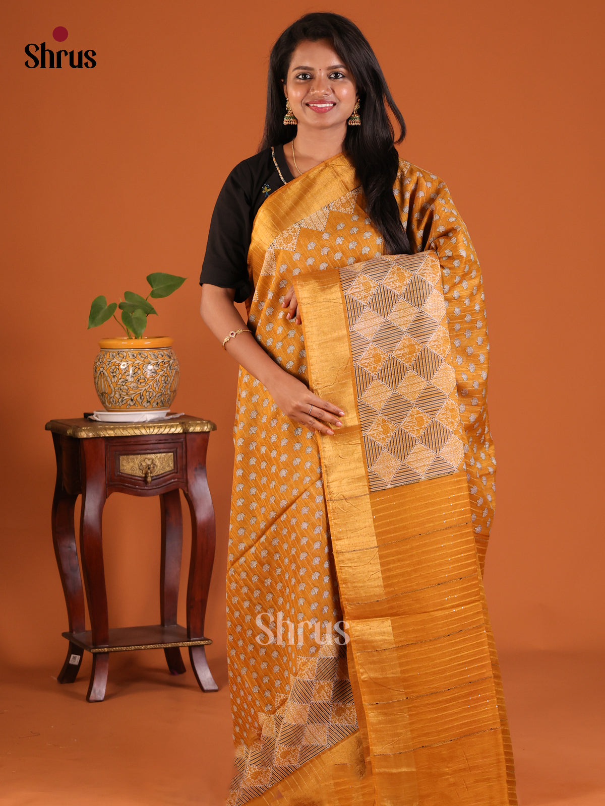 Mustard - Printed Tussar Saree - Shop on Shrus.com