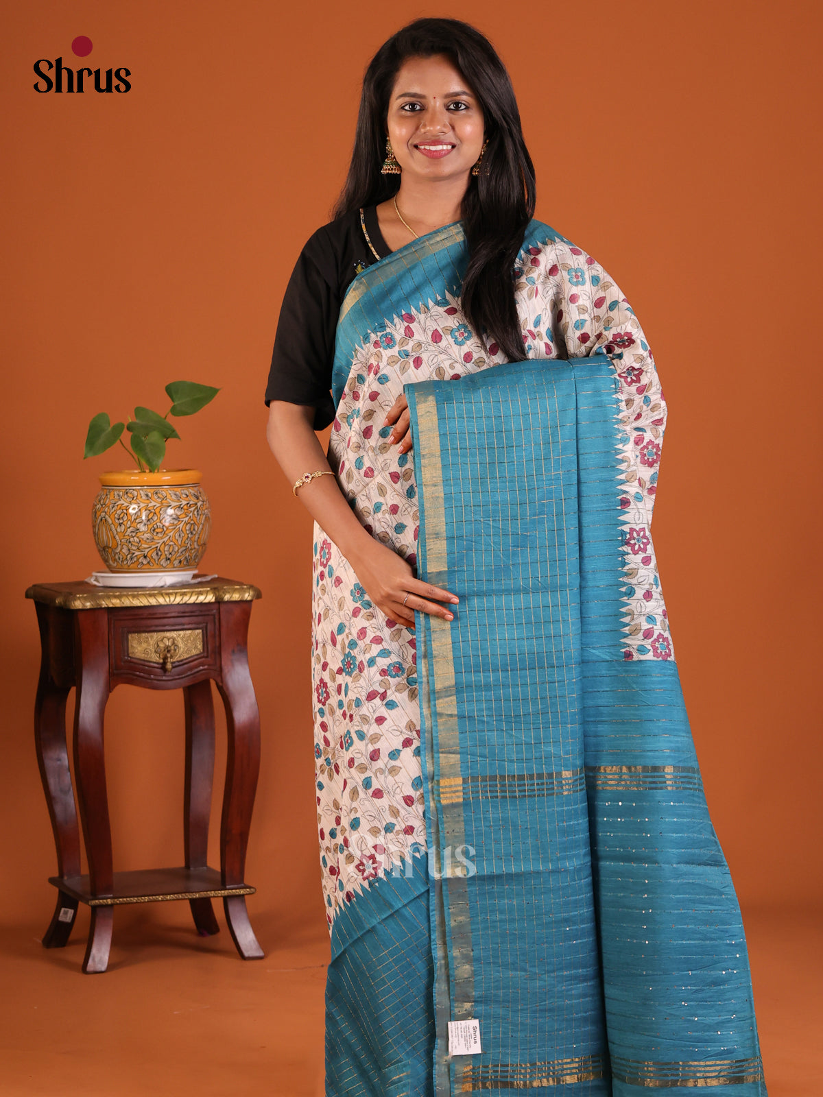 Cream with Blue - Printed Tussar Saree - Shop on Shrus.com