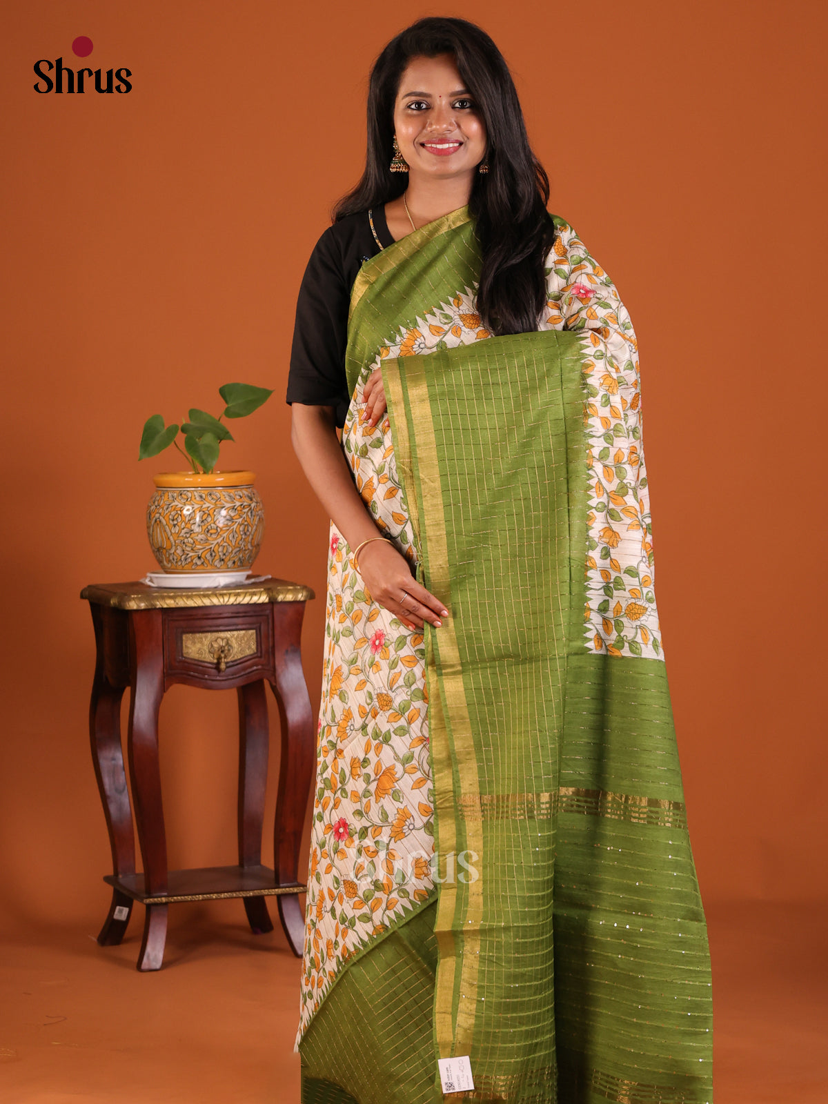 Cream with Green - Printed Tussar Saree - Shop on Shrus.com