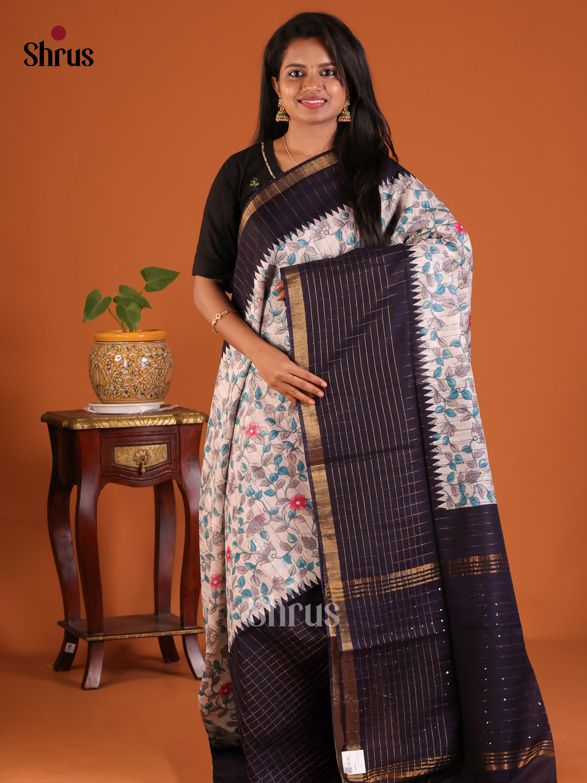 Cream with Blue- Printed Tussar Saree - Shop on Shrus.com
