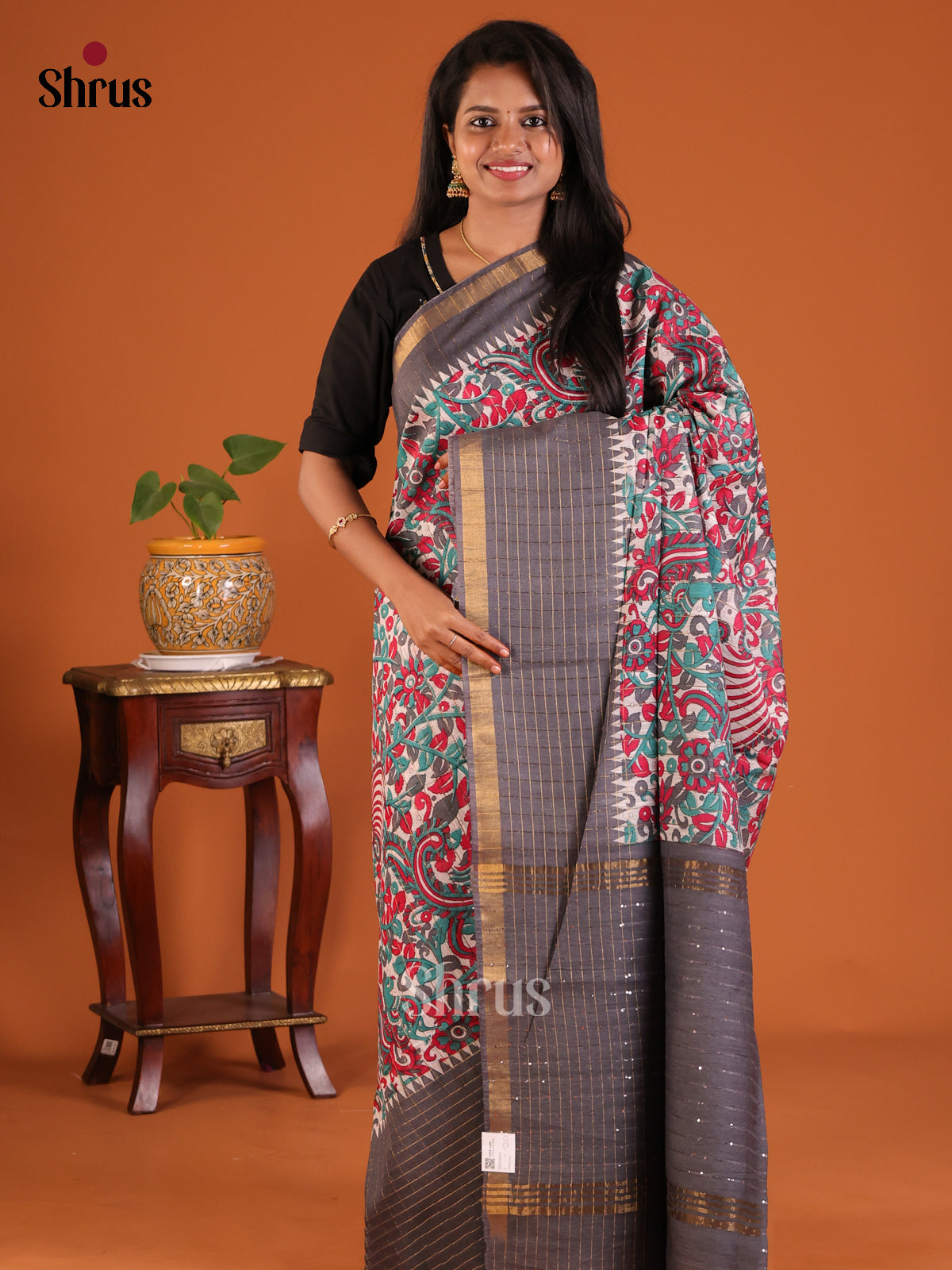 Cream with Grey - Printed Tussar Saree - Shop on Shrus.com