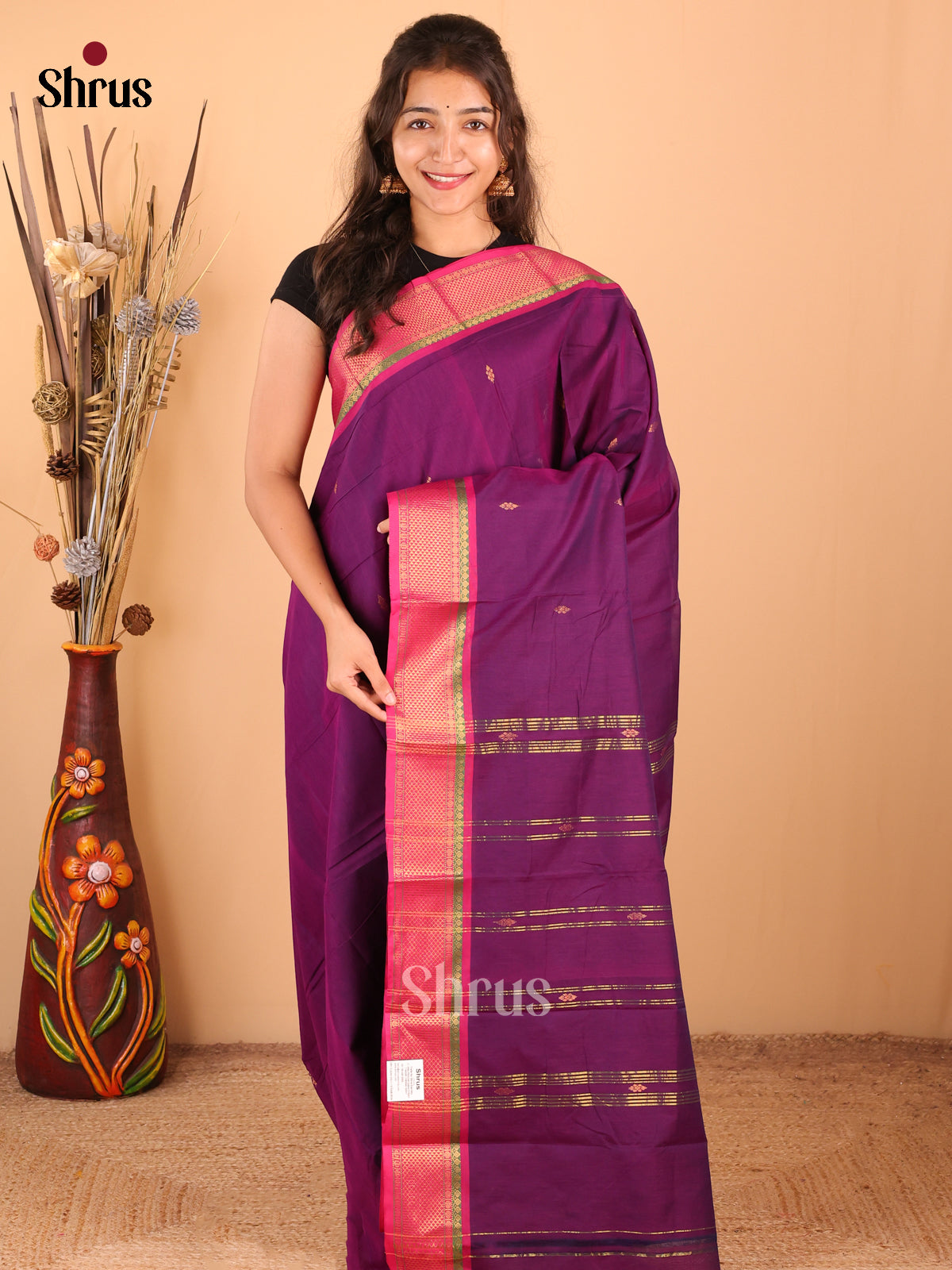 Violet with Pink - DDS18268 - Chettinad Mix Cotton Saree - Shop on Shrus.com