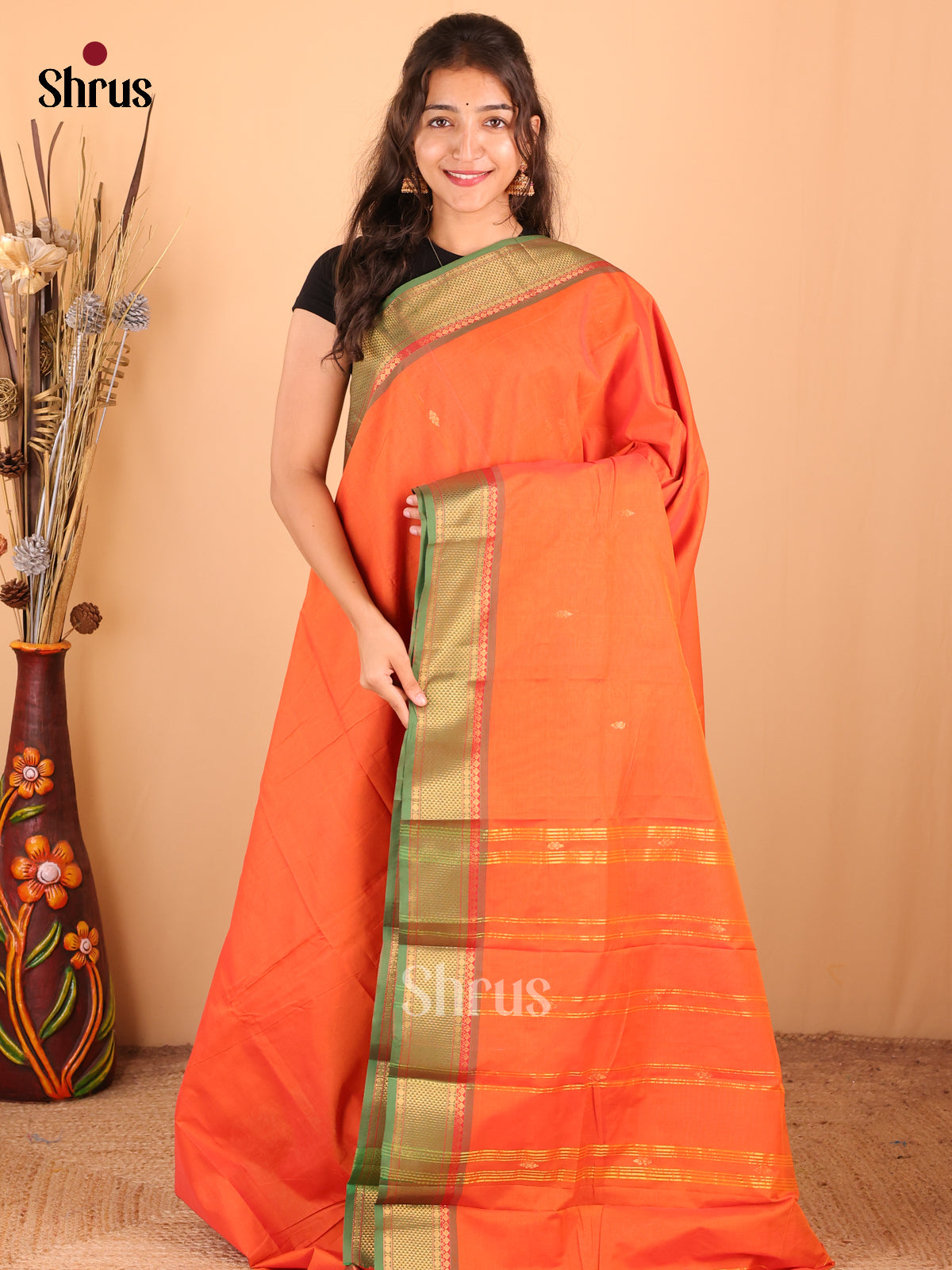Orange with Green - DDS18271 - Chettinad Mix Cotton Saree - Shop on Shrus.com