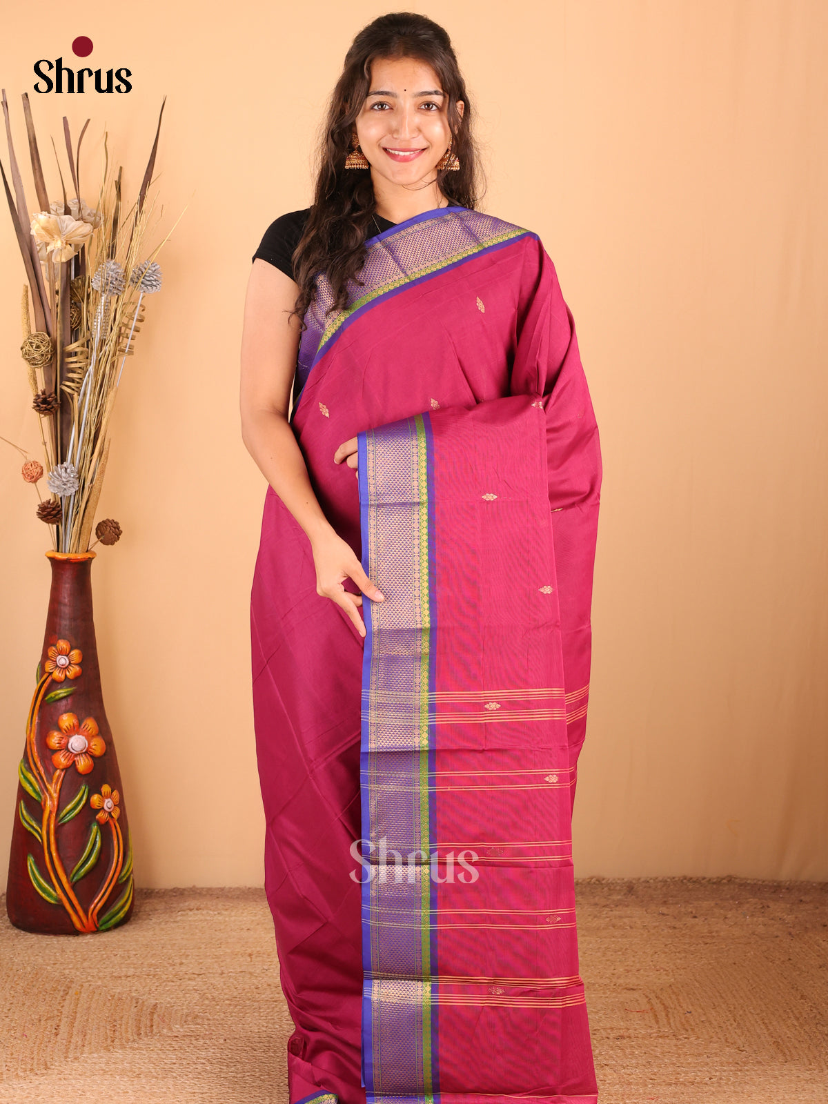 Deep Pink with Blue - DDS18274 - Chettinad Mix Cotton Saree - Shop on Shrus.com