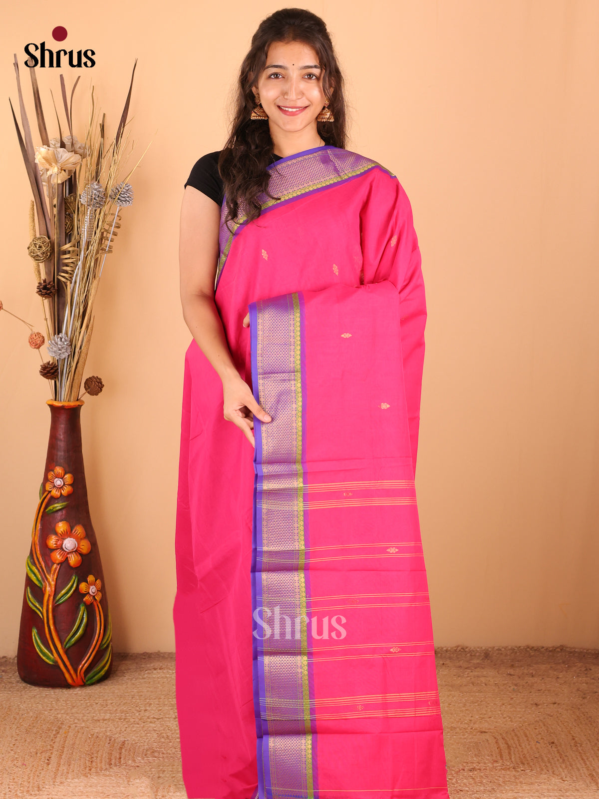 Pink with Violet - DDS18276 - Chettinad Mix Cotton Saree - Shop on Shrus.com