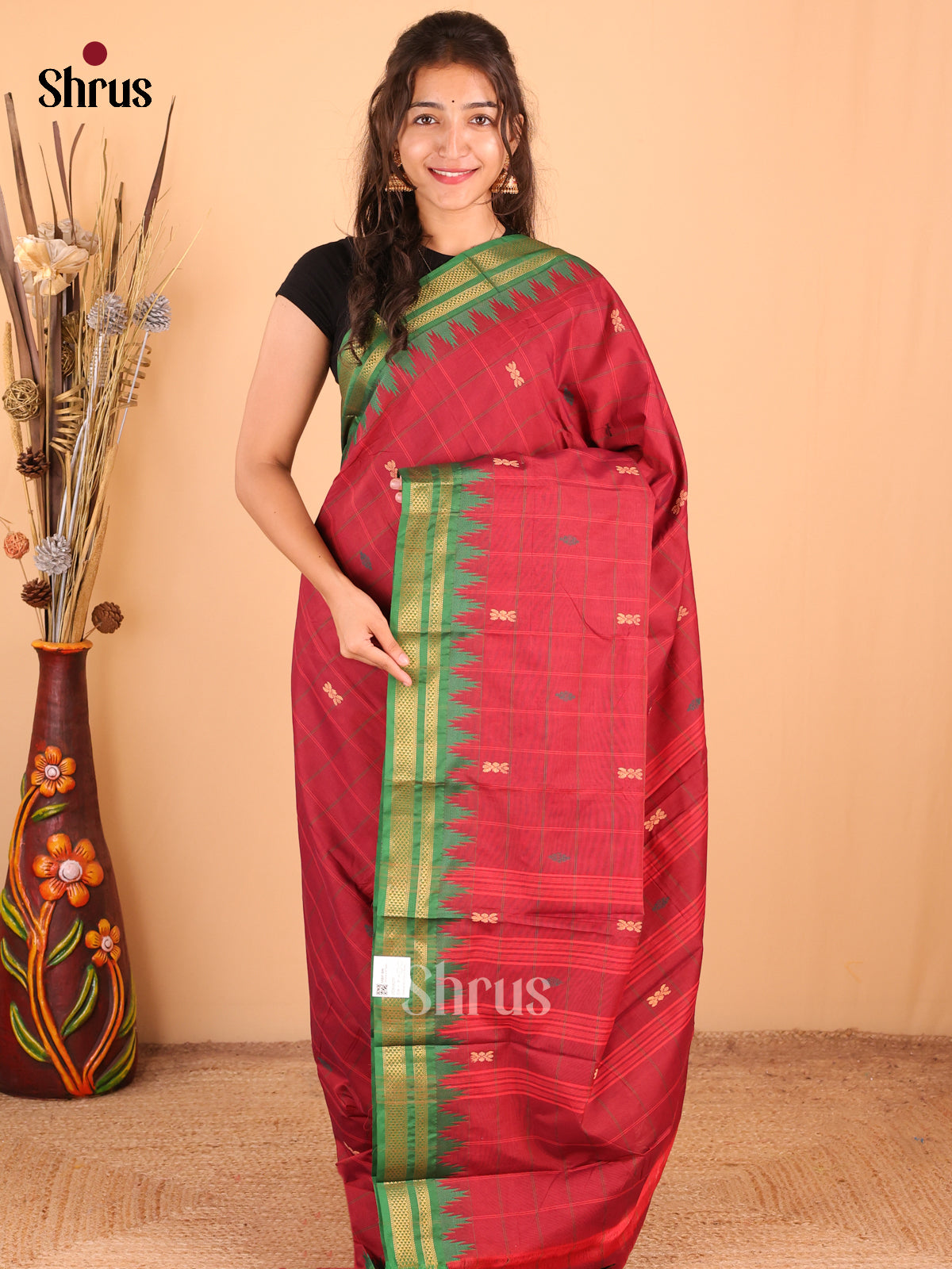 Maroon with Green - DDS18279 - Chettinad Mix Cotton Saree - Shop on Shrus.com