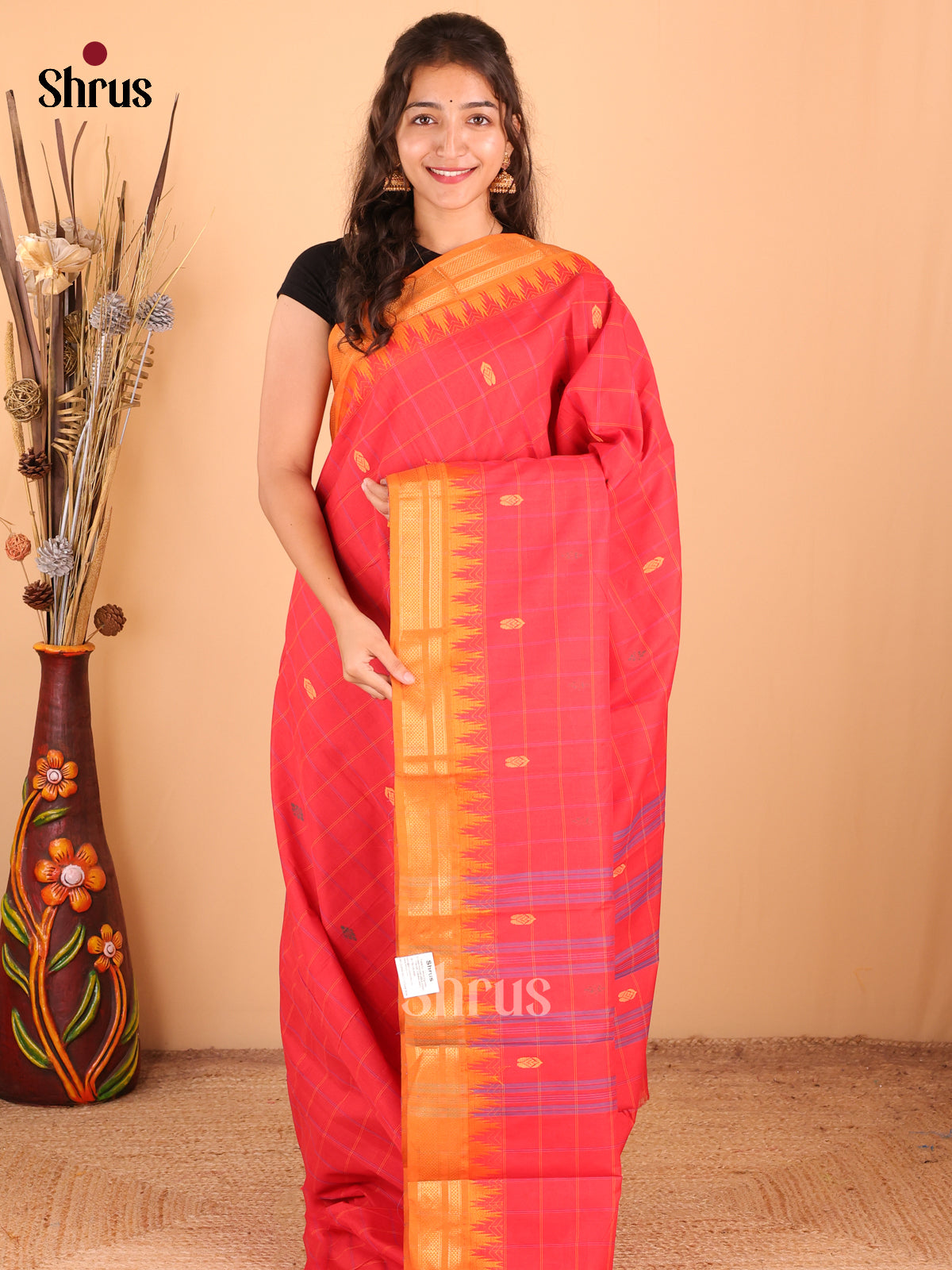 Red with Orange - DDS18284 - Chettinad Mix Cotton Saree - Shop on Shrus.com