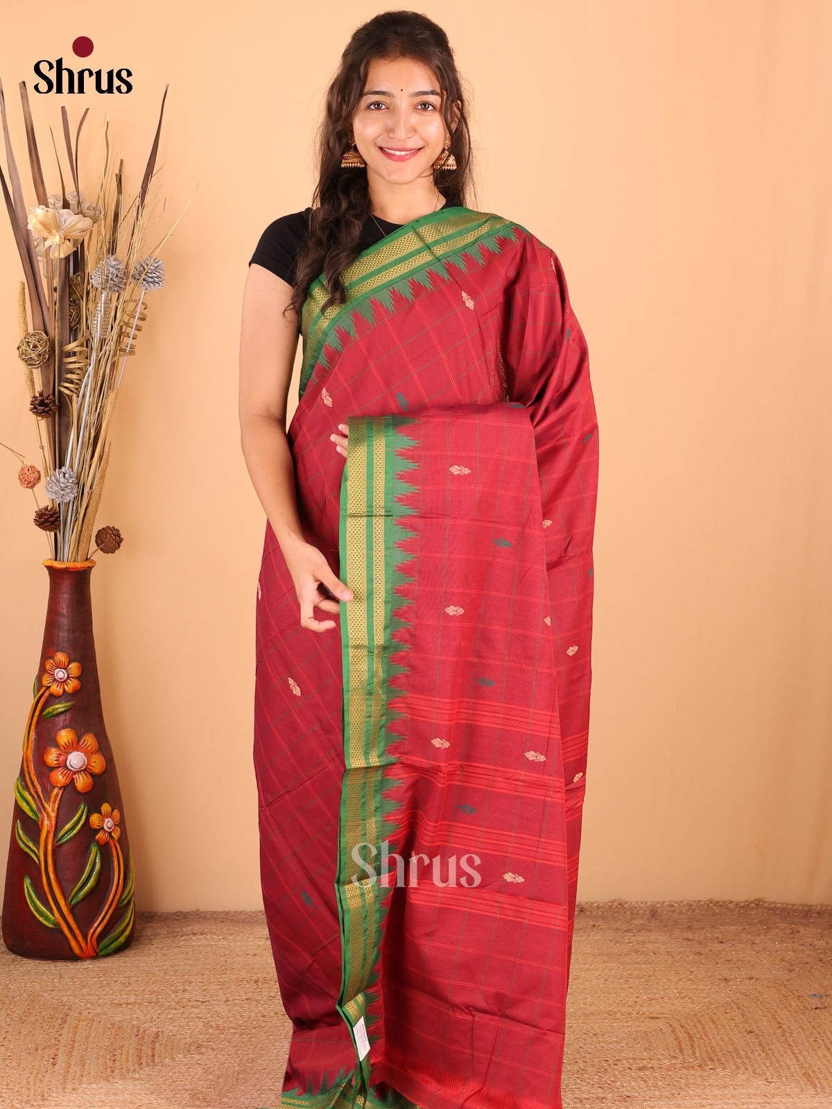 Maroon with Green - DDS18286 - Chettinad Mix Cotton Saree - Shop on Shrus.com