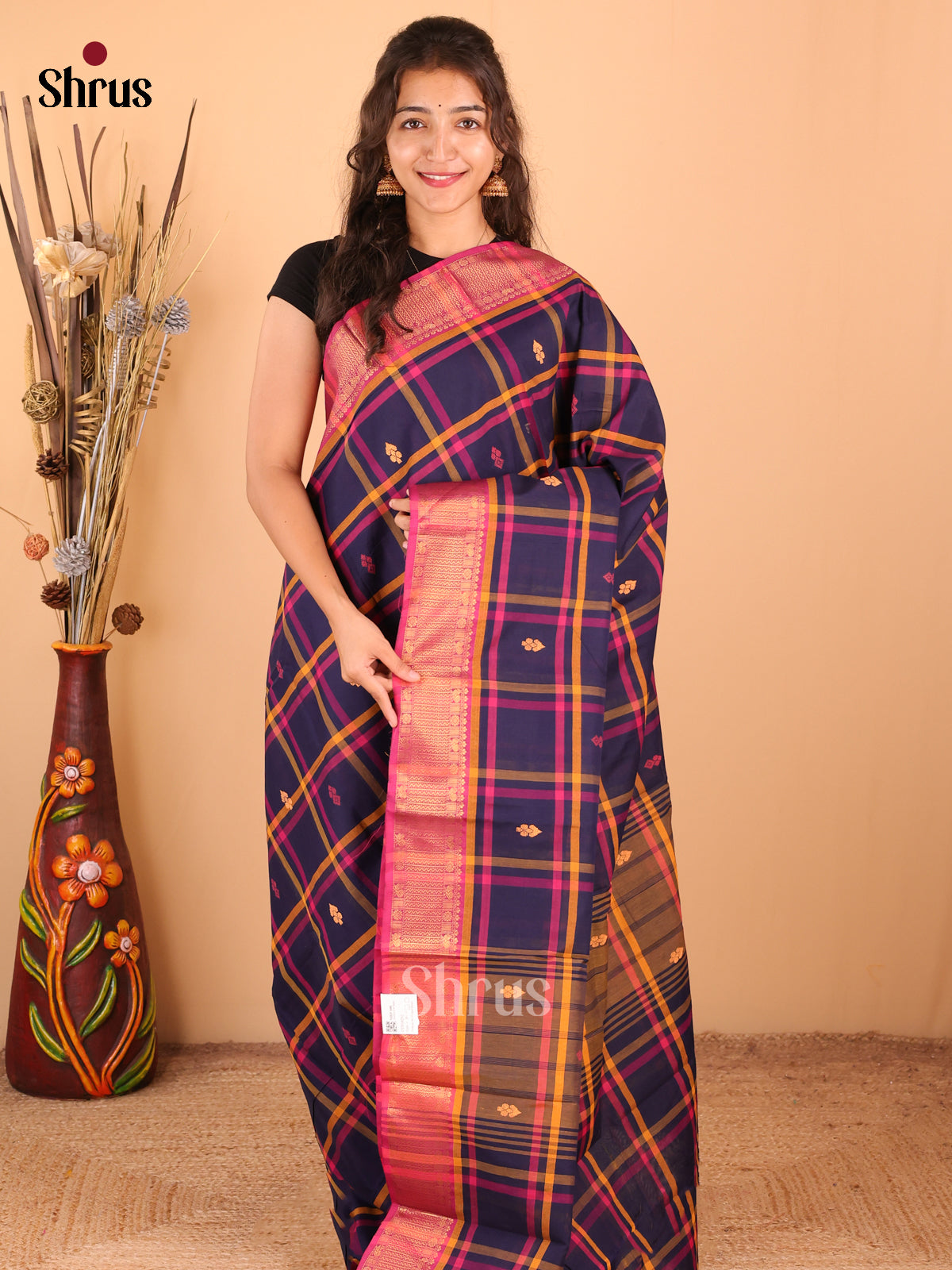 Blue with Pink - DDS18292 - Chettinad Mix Cotton Saree - Shop on Shrus.com