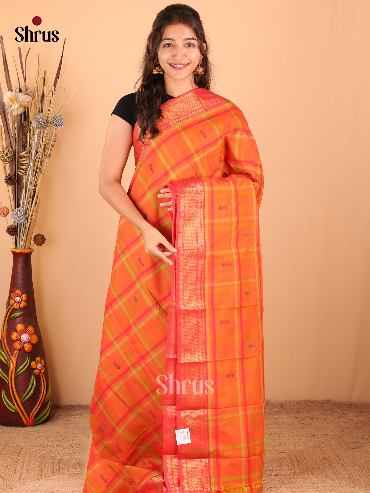 Orange with Pink - DDS18293 - Chettinad Mix Cotton Saree - Shop on Shrus.com