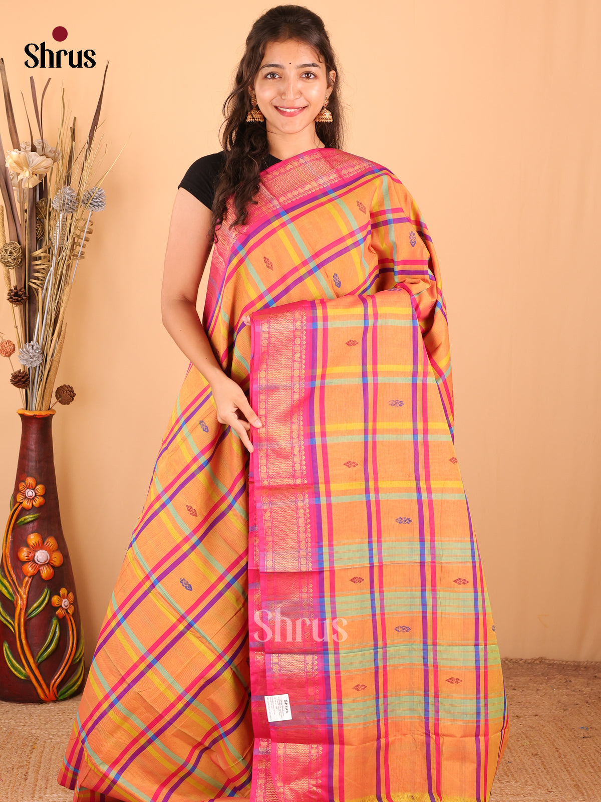 Orange with Pink - DDS18295 - Chettinad Mix Cotton Saree - Shop on Shrus.com
