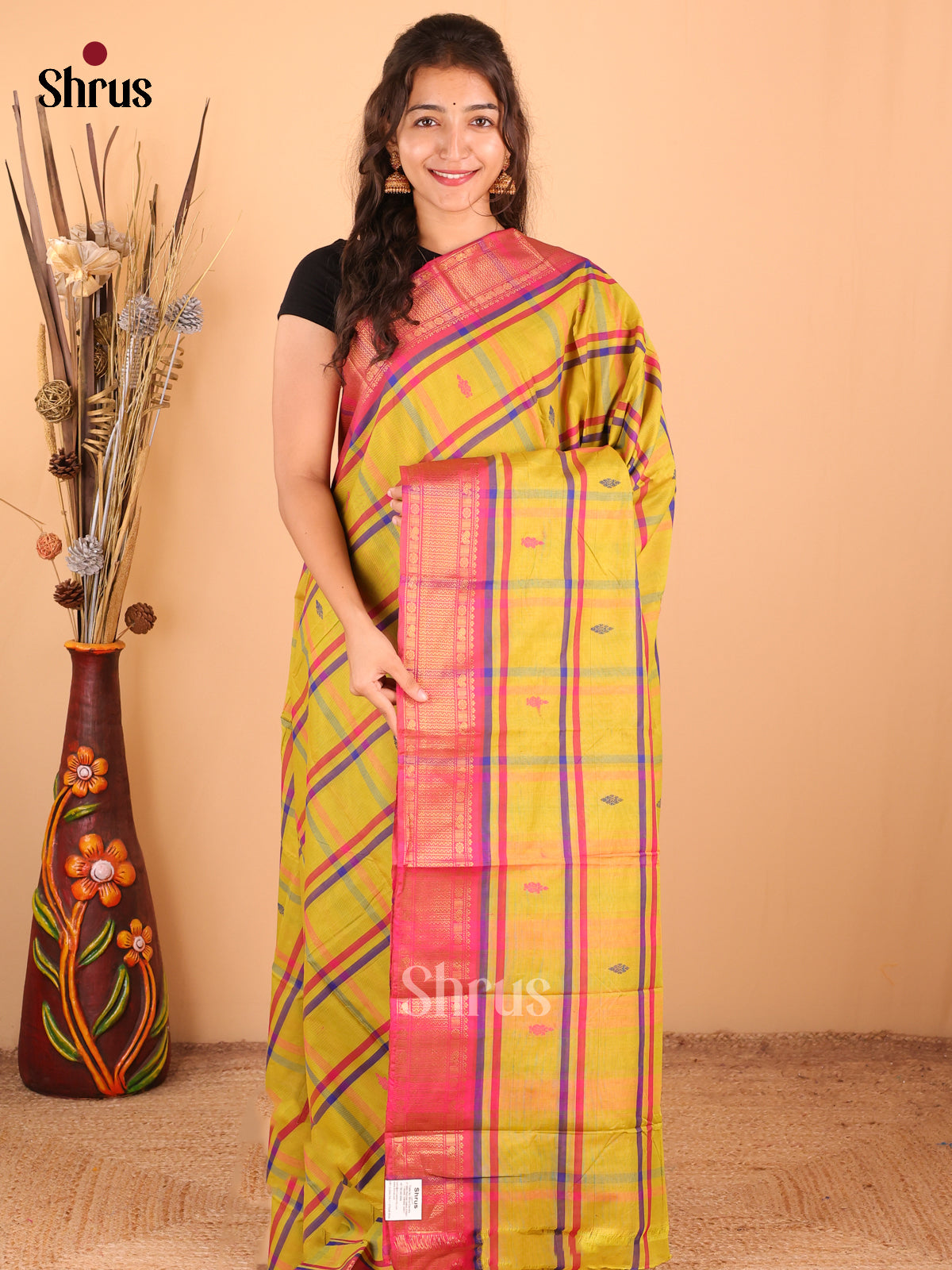 Mustard with Pink - DDS18297 - Chettinad Mix Cotton Saree - Shop on Shrus.com