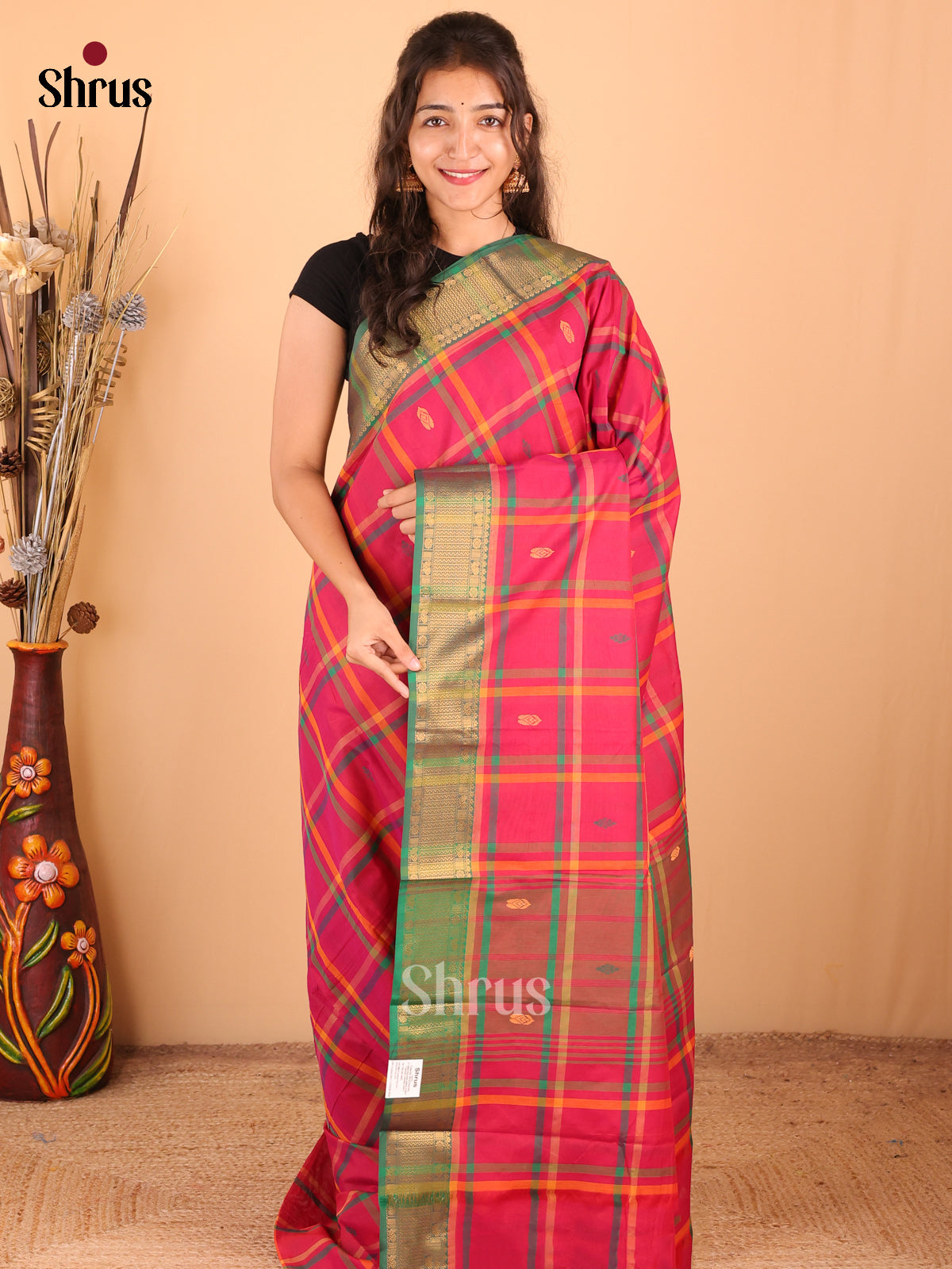 Red with Green - DDS18298 - Chettinad Mix Cotton Saree - Shop on Shrus.com