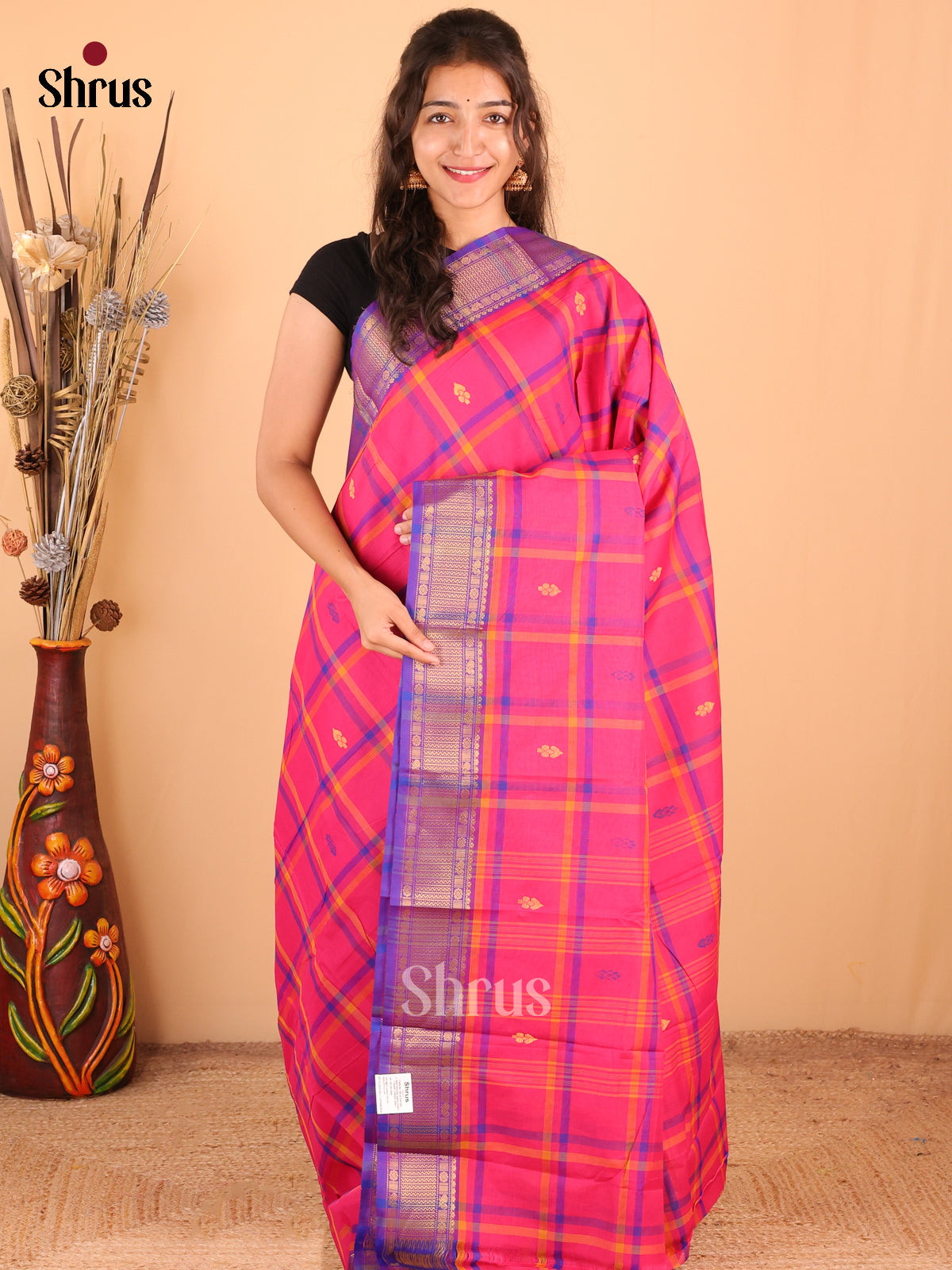Pink with Violet -DDS18299 - Chettinad Mix Cotton Saree - Shop on Shrus.com