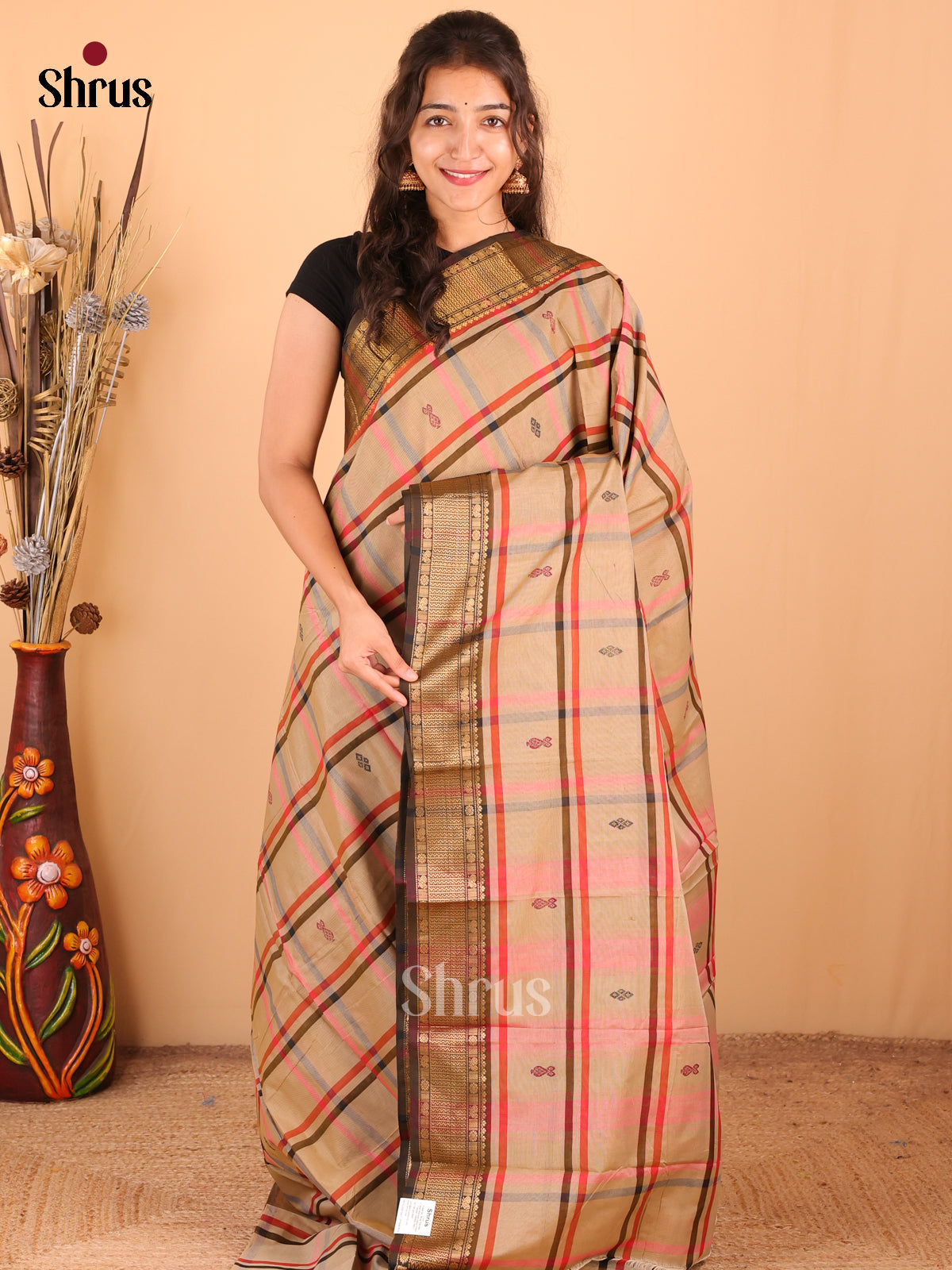 Dusty Brown with Brown -DDS18303 - Chettinad Mix Cotton Saree - Shop on Shrus.com