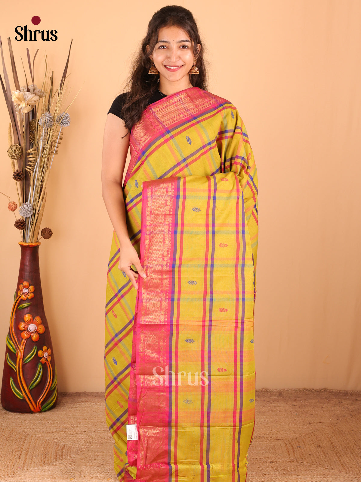 Yellow with Pink - DDS18306 - Chettinad Mix Cotton Saree - Shop on Shrus.com