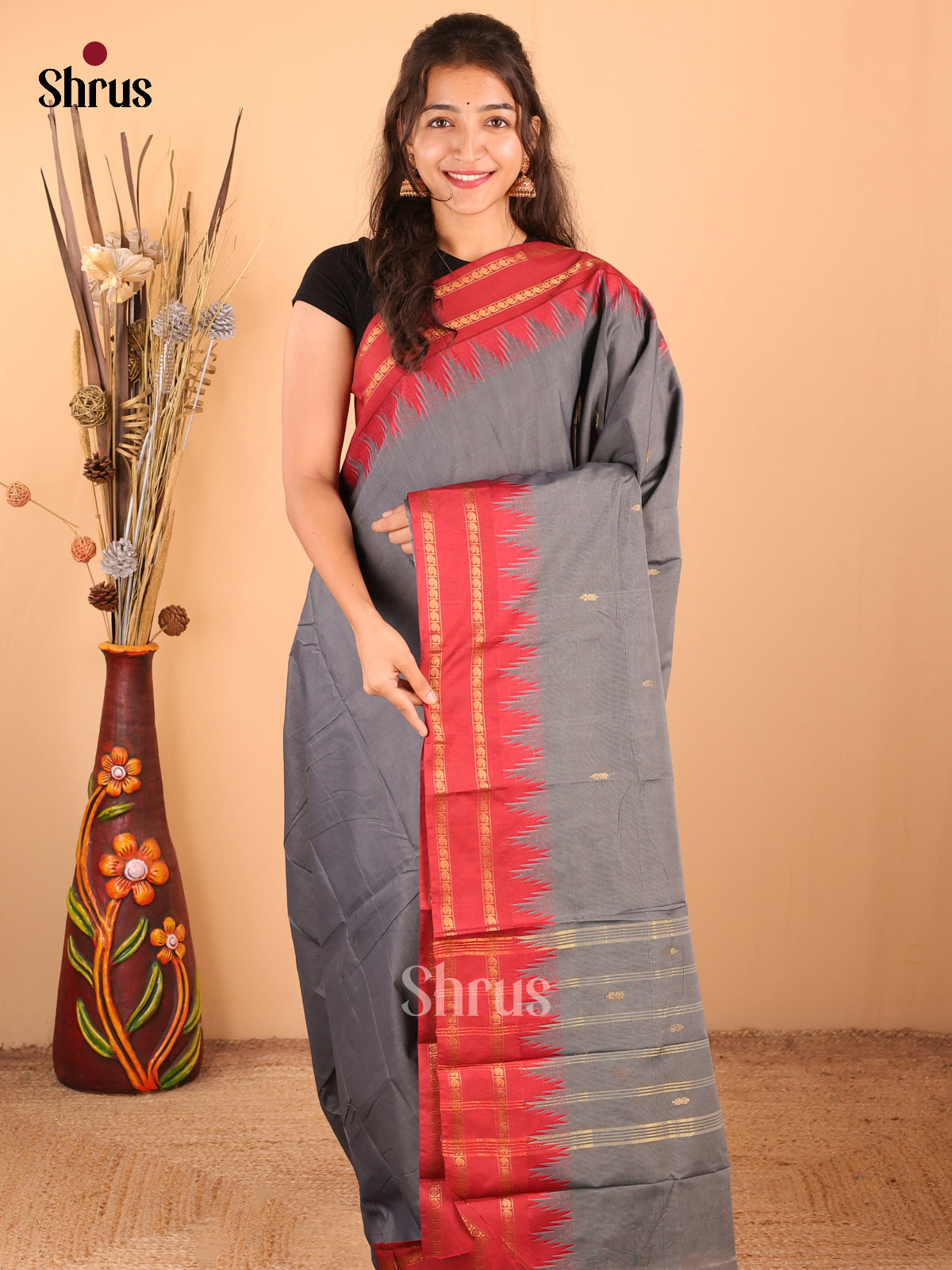 Grey with Red - DDS18310 - Chettinad Mix Cotton Saree - Shop on Shrus.com