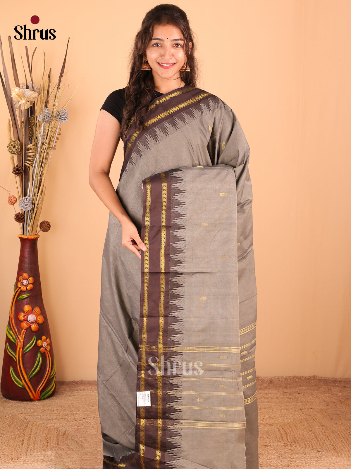 grey with Brown - DDS18311 - Chettinad Mix Cotton Saree - Shop on Shrus.com