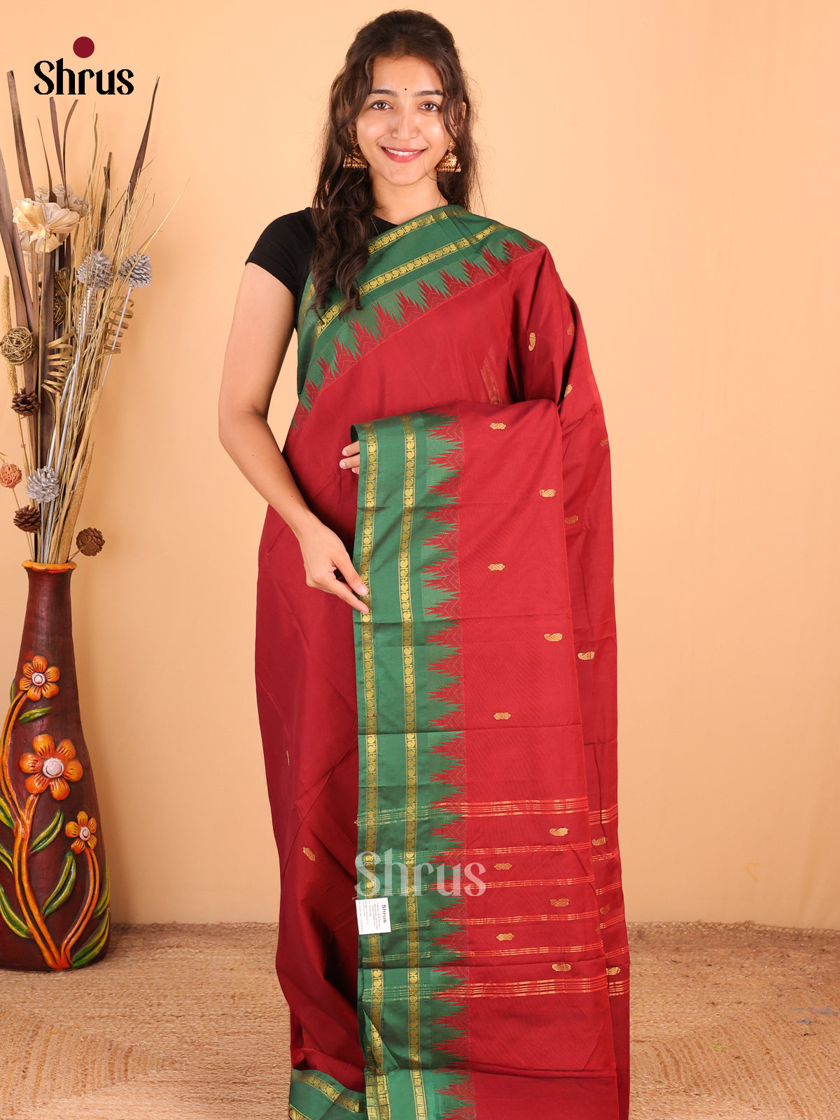 Maroon with Green - DDS18312 - Chettinad Mix Cotton Saree - Shop on Shrus.com