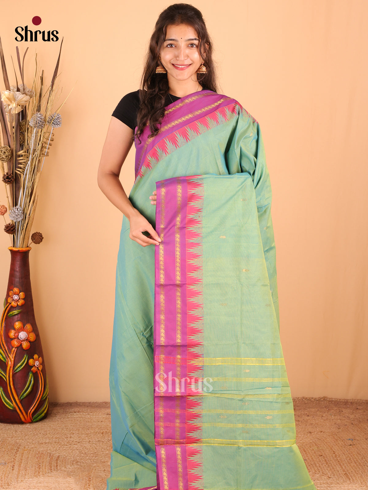 Pastel Green with Purple - DDS18315 - Chettinad Mix Cotton Saree - Shop on Shrus.com