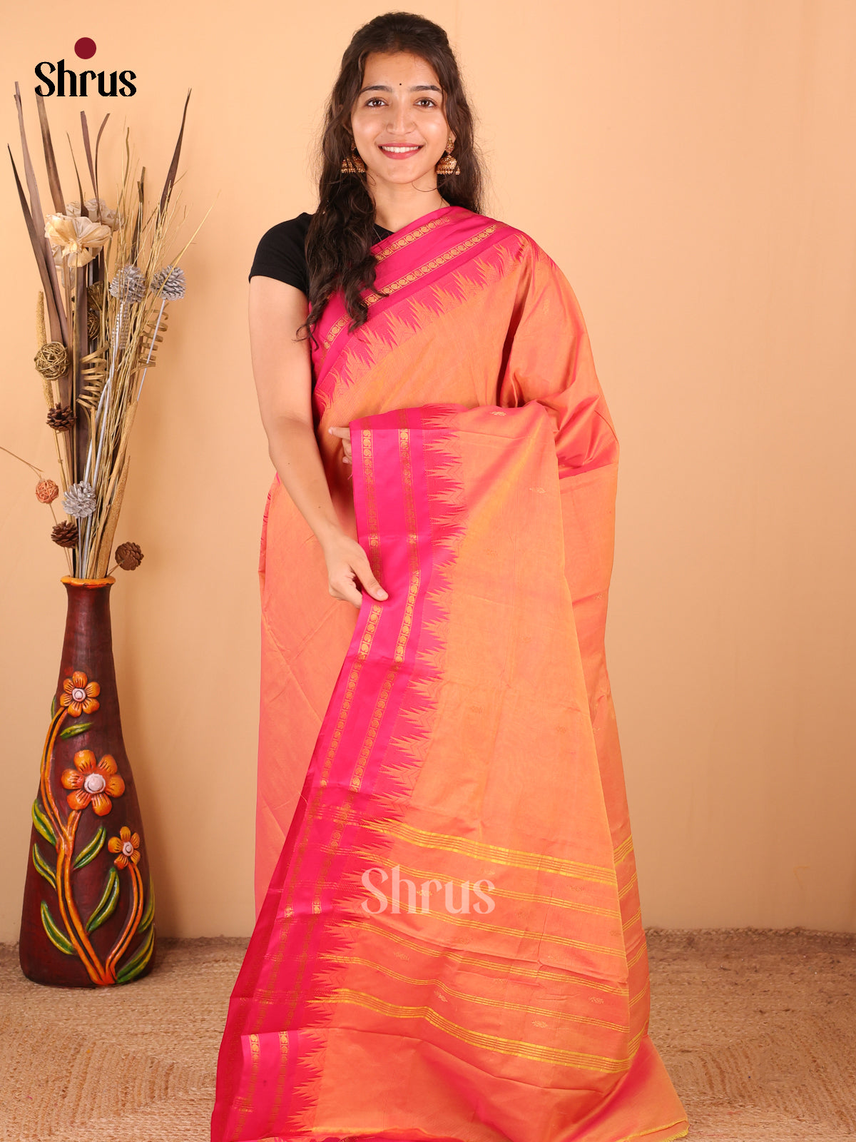 Orange with Pink -DDS18316 - Chettinad Mix Cotton Saree - Shop on Shrus.com
