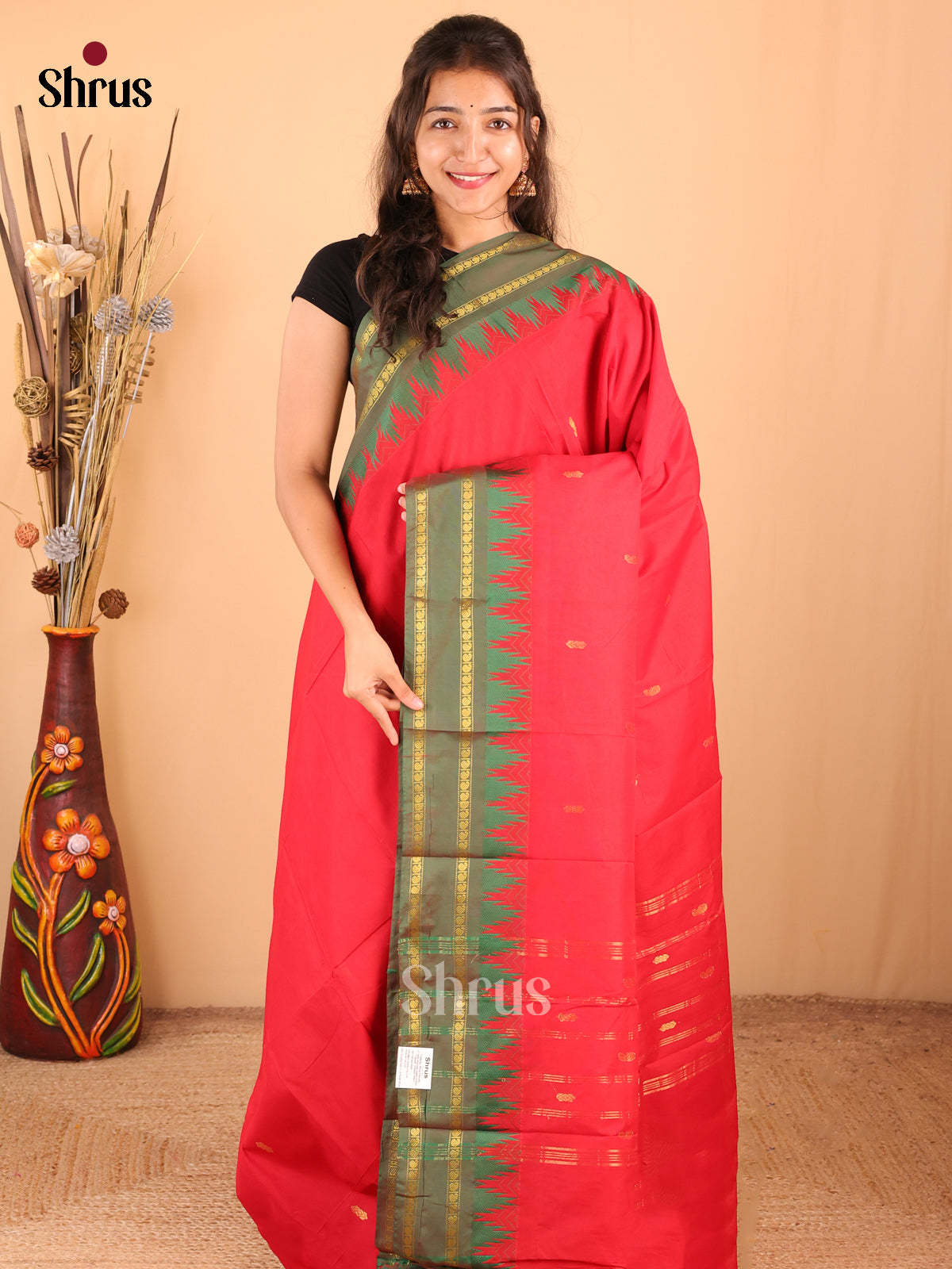 Red with Green - DDS18318 - Chettinad Mix Cotton Saree - Shop on Shrus.com