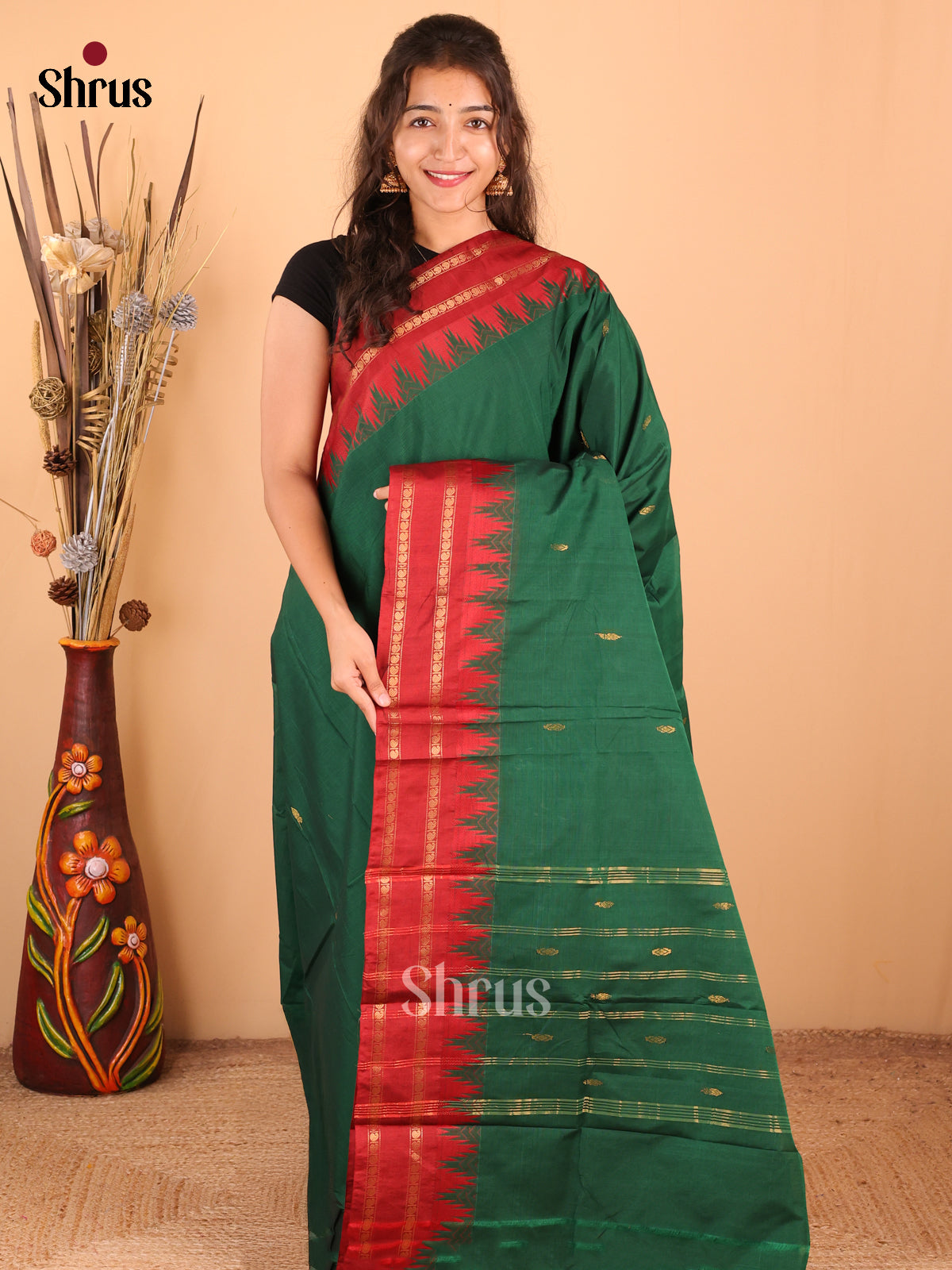 Green with Red - DDS18319 - Chettinad Mix Cotton Saree - Shop on Shrus.com