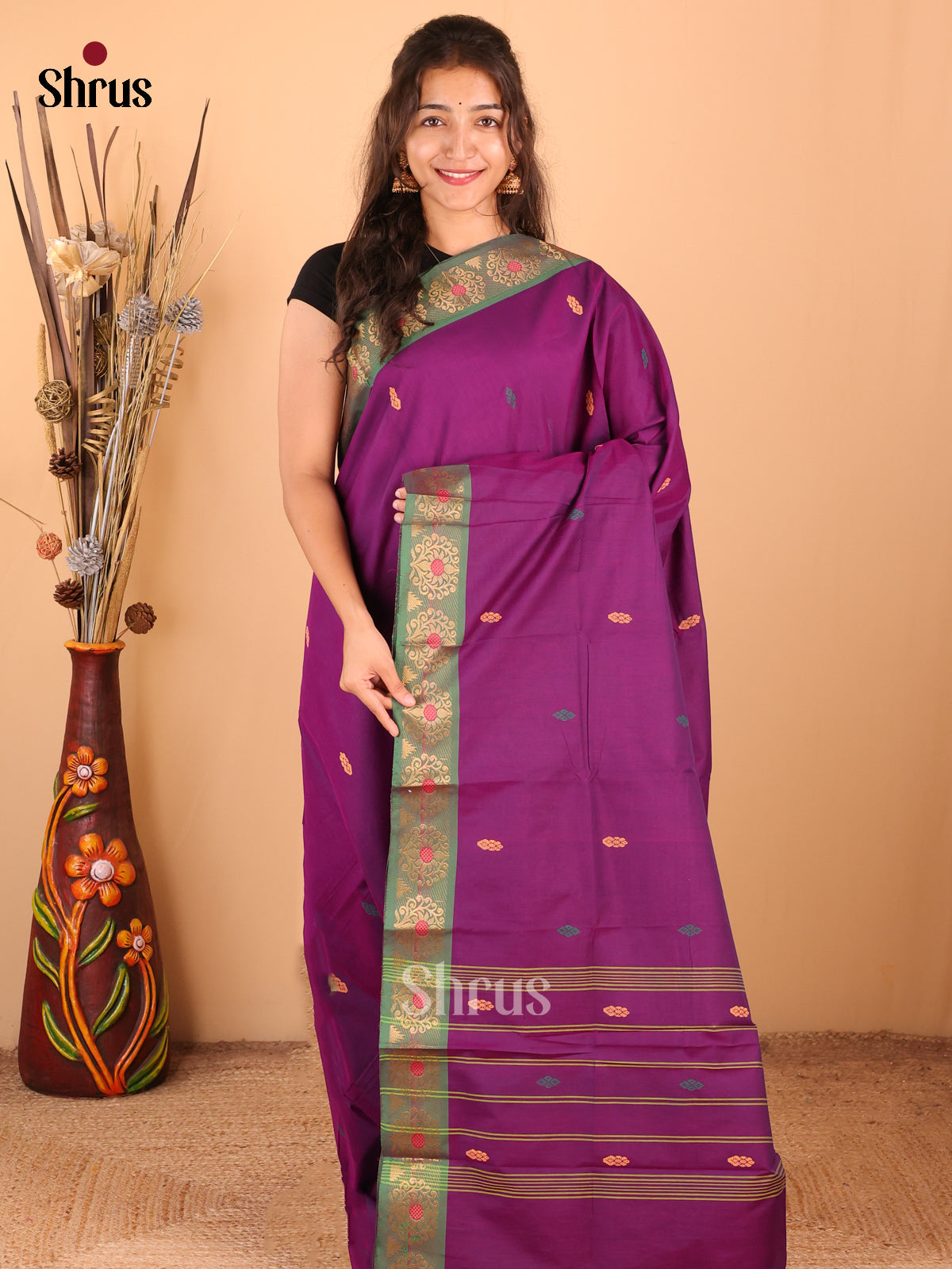 Violet with Green - DDS18320 - Chettinad Mix Cotton Saree - Shop on Shrus.com