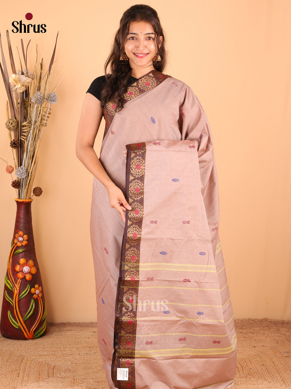 Dusty Brown with Brown - DDS18321 - Chettinad Mix Cotton Saree - Shop on Shrus.com
