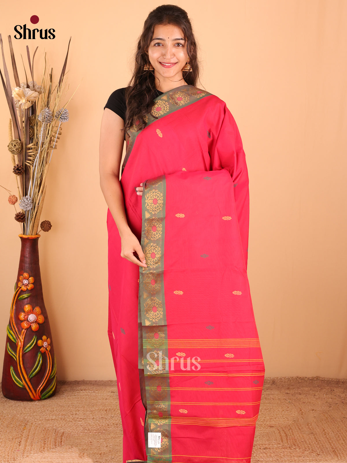 Pink with Green - DDS18323 - Chettinad Mix Cotton Saree - Shop on Shrus.com