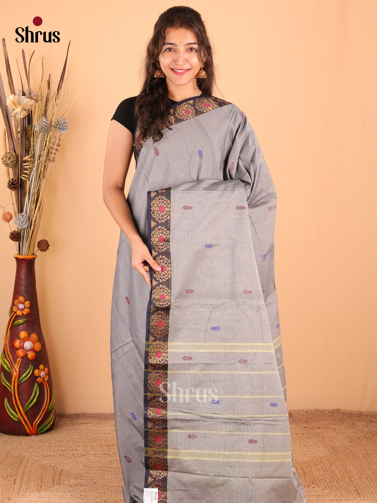 Grey with Black - DDS18324 - Chettinad Mix Cotton Saree - Shop on Shrus.com