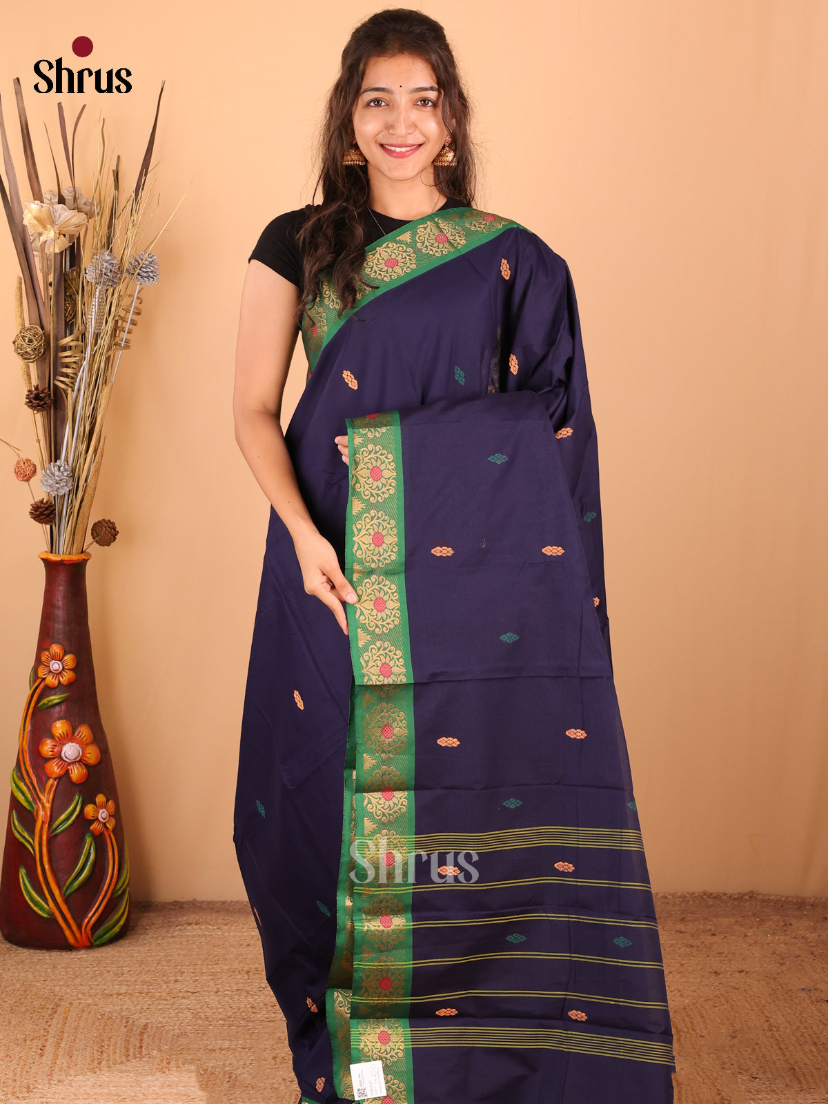 Blue with Green - DDS18325 - Chettinad Mix Cotton Saree - Shop on Shrus.com