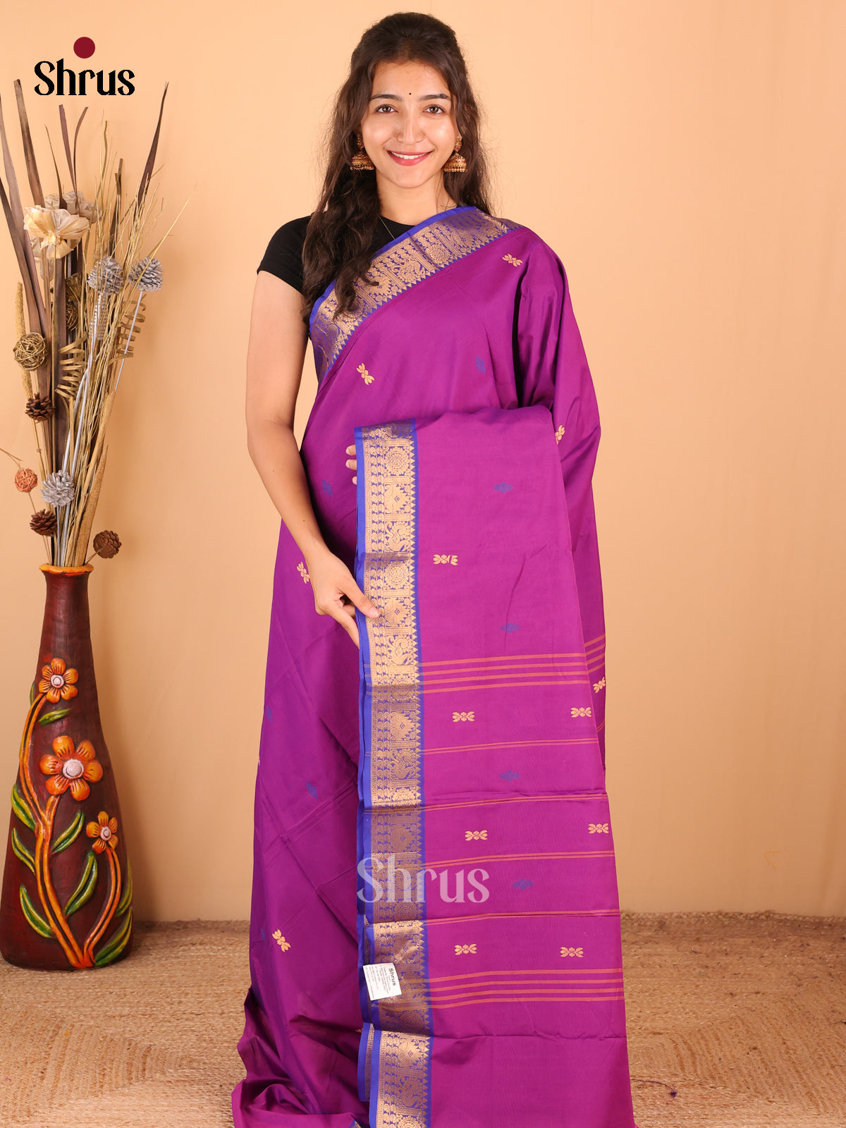 Purple with Blue- DDS18328 - Chettinad Mix Cotton Saree - Shop on Shrus.com