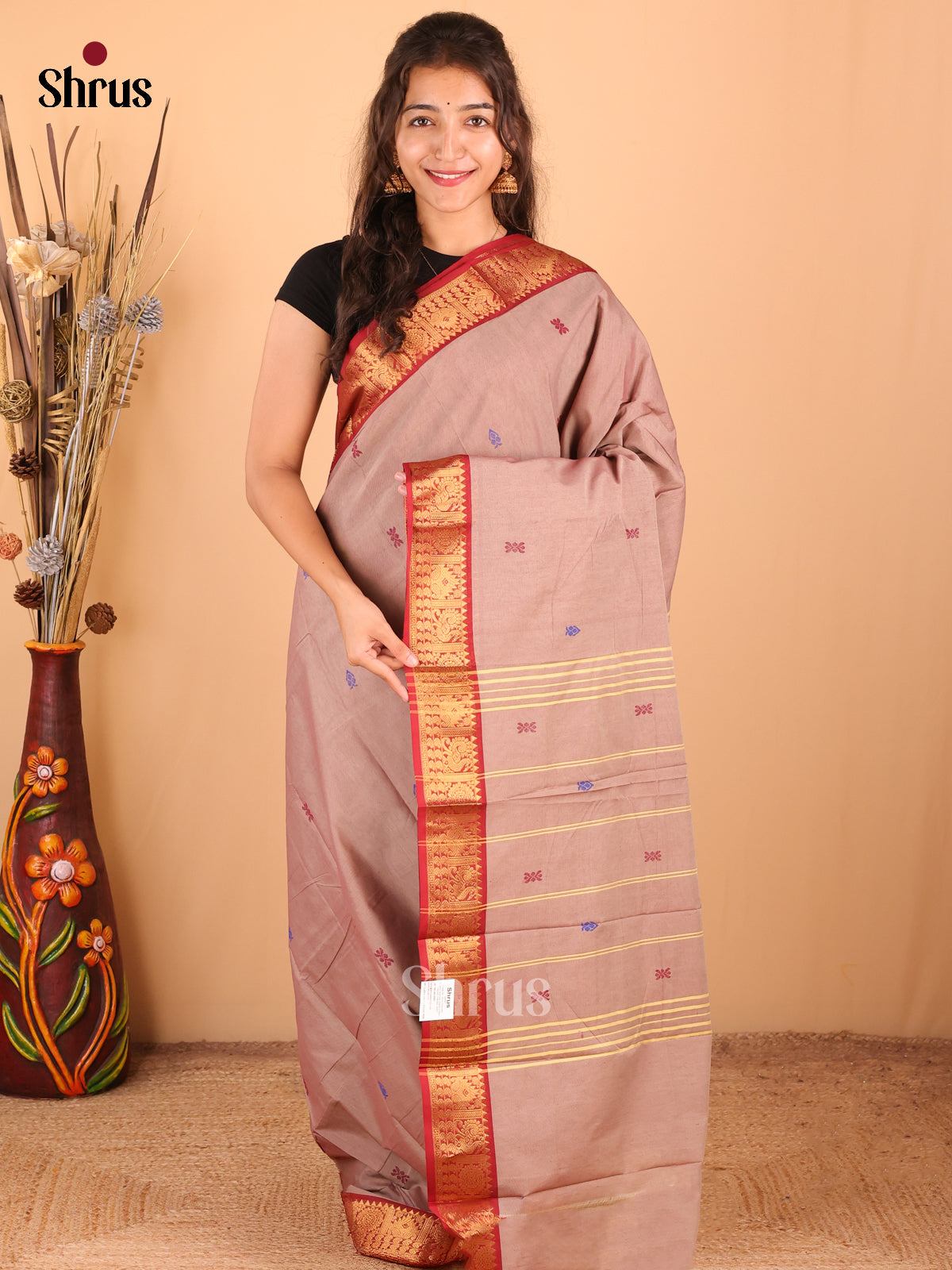 Grey with Maroon - DDS18329 - Chettinad Mix Cotton Saree - Shop on Shrus.com