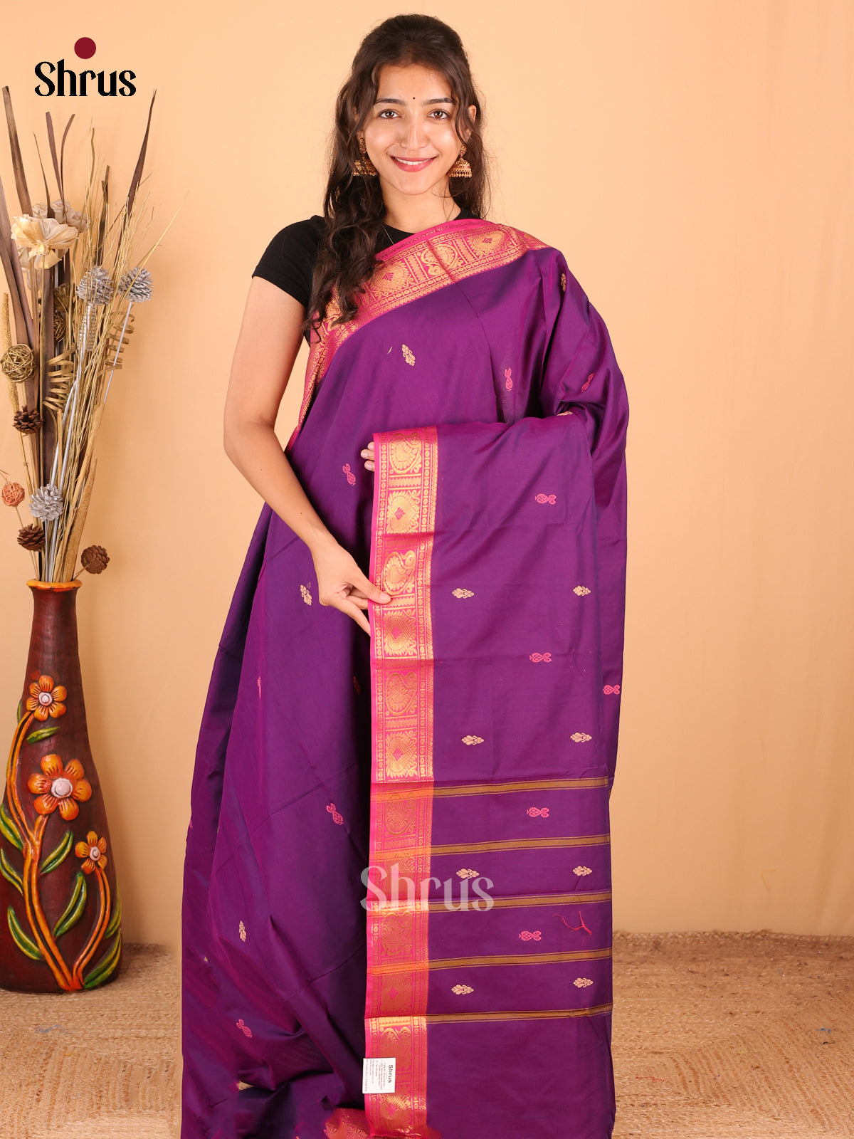 Violet with Pink - DDS18331 - Chettinad Mix Cotton Saree - Shop on Shrus.com
