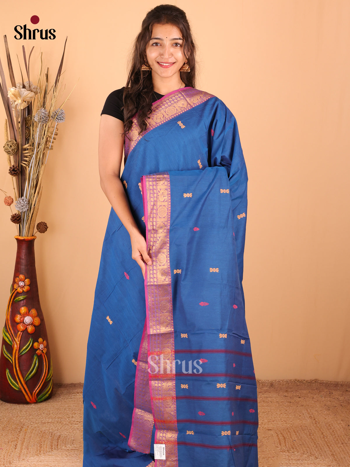 Blue with Purple - DDS18332 - Chettinad Mix Cotton Saree - Shop on Shrus.com