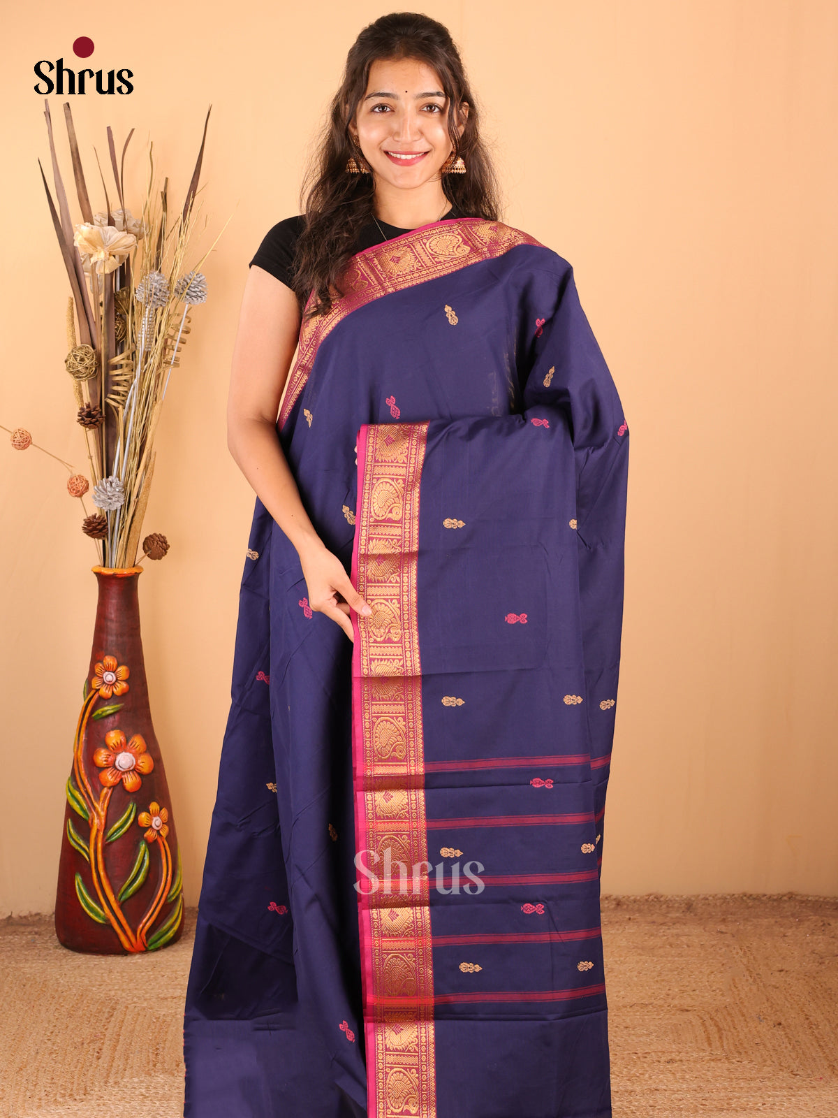 Blue with Pink - DDS18334 - Chettinad Mix Cotton Saree - Shop on Shrus.com