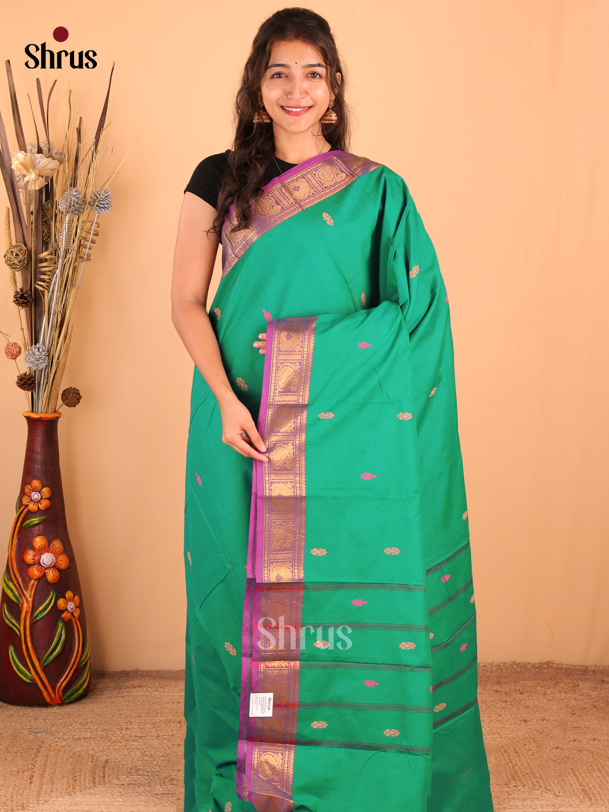 Green with Purple - DDS18335 - Chettinad Mix Cotton Saree - Shop on Shrus.com